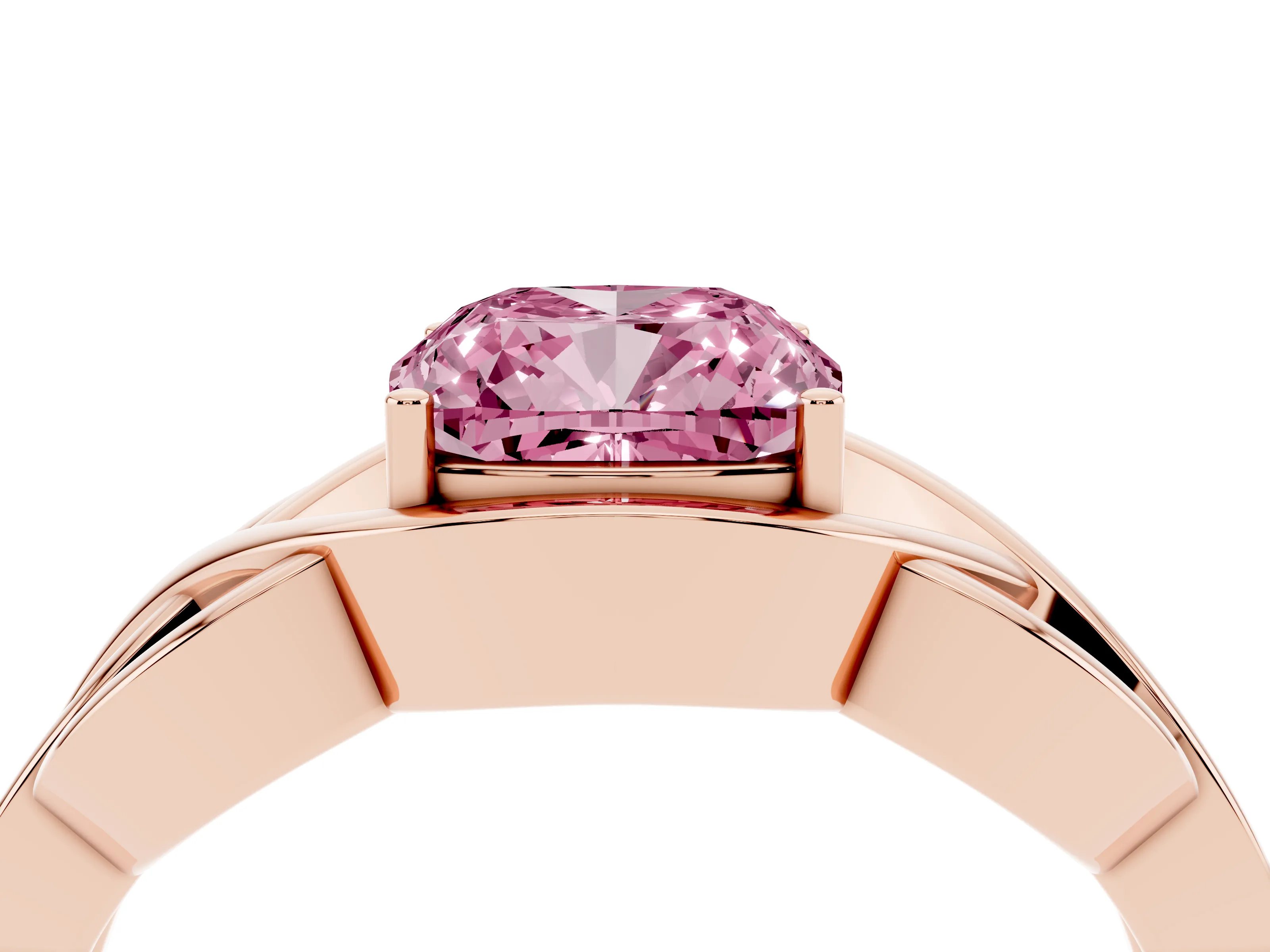 Fancy Pink Cushion Cut Diamond Solitaire Ring Set in Rose gold with Intertwined Band