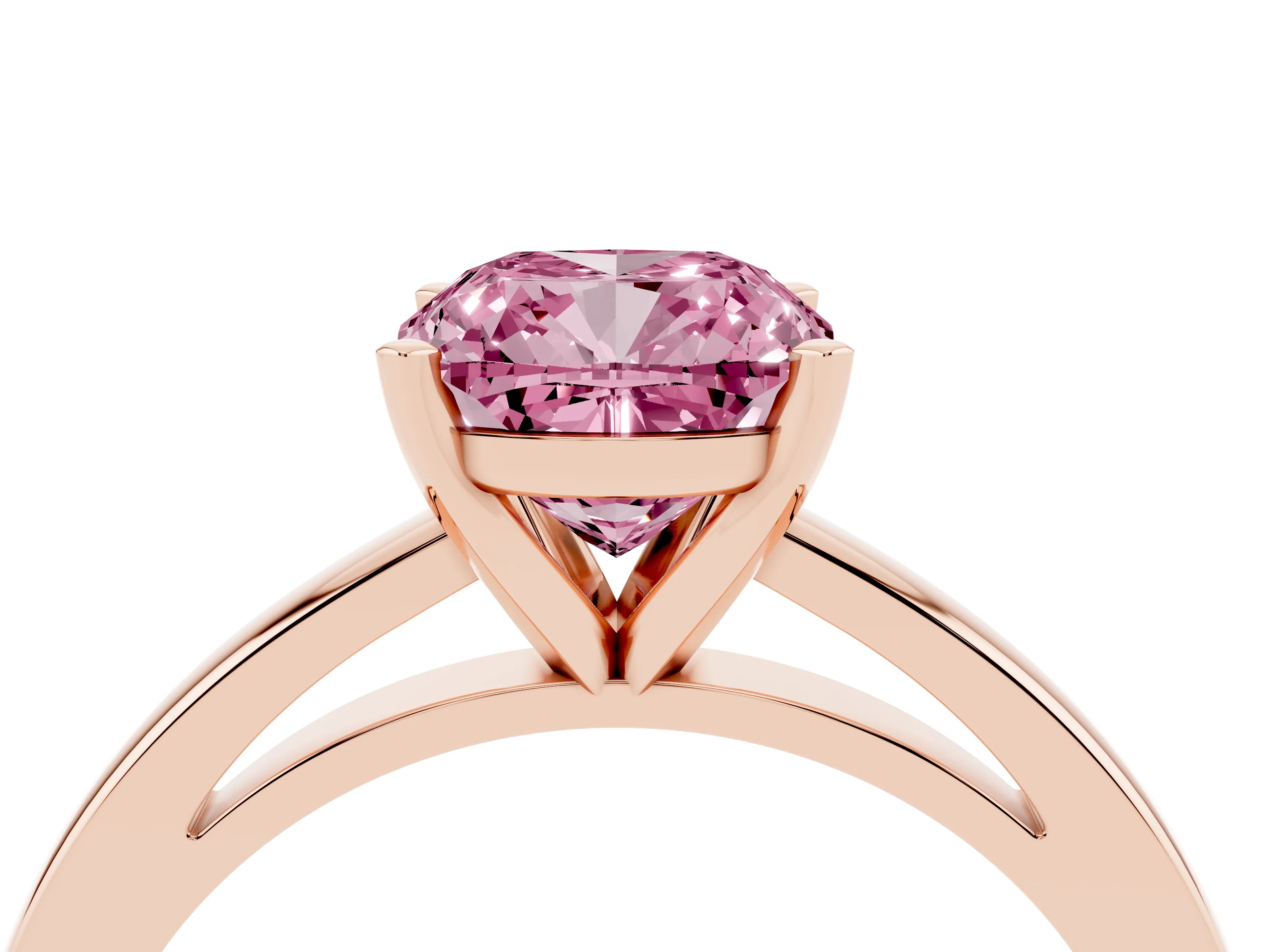 Fancy Pink Cushion Cut Diamond Solitaire Engagement Ring Set in Rose gold with Prong Setting on a Classic Band