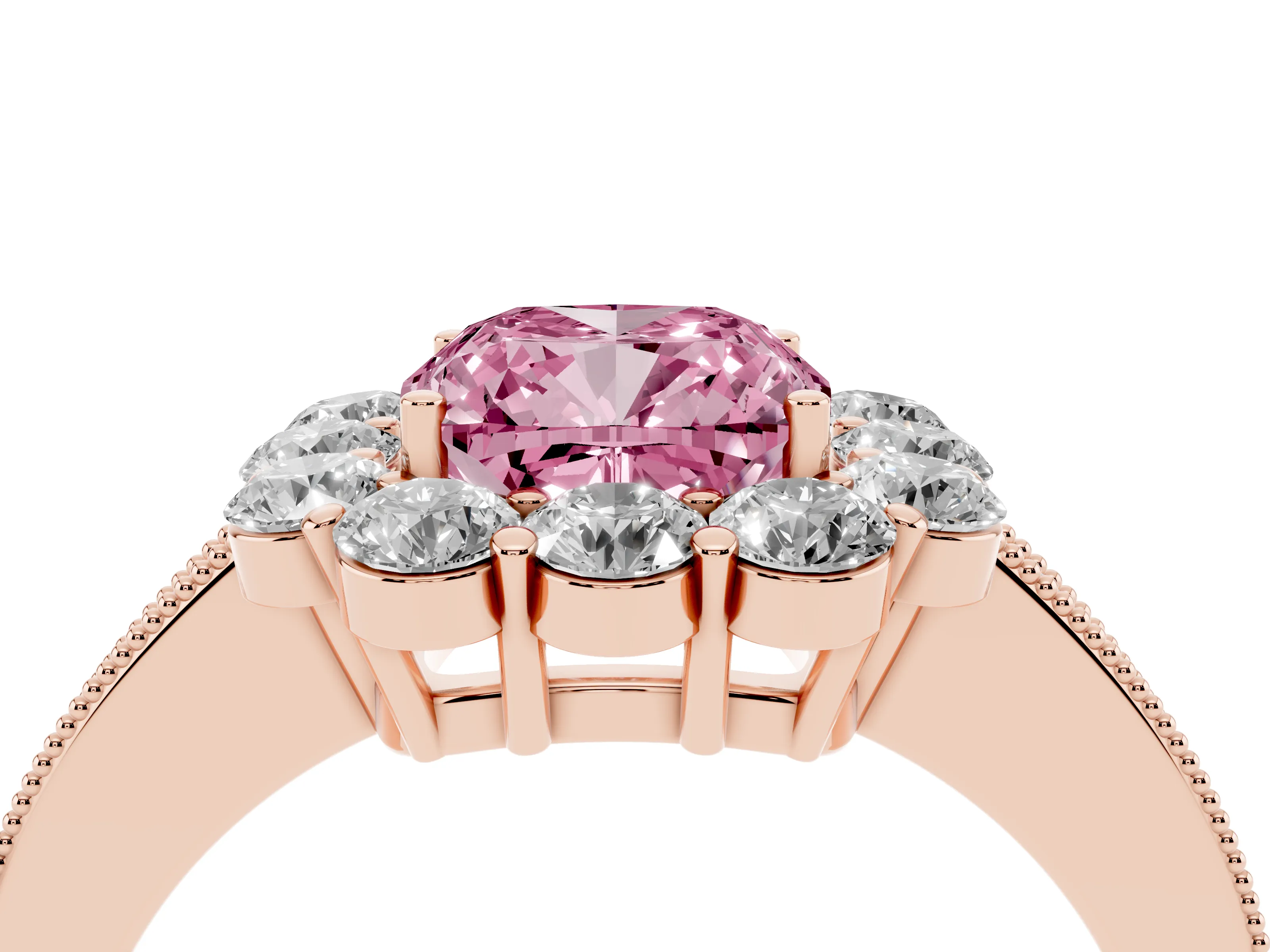 Fancy Pink Cushion Cut Diamond Halo Pavé Engagement Ring Set in Rose gold with Milgrain Detailing