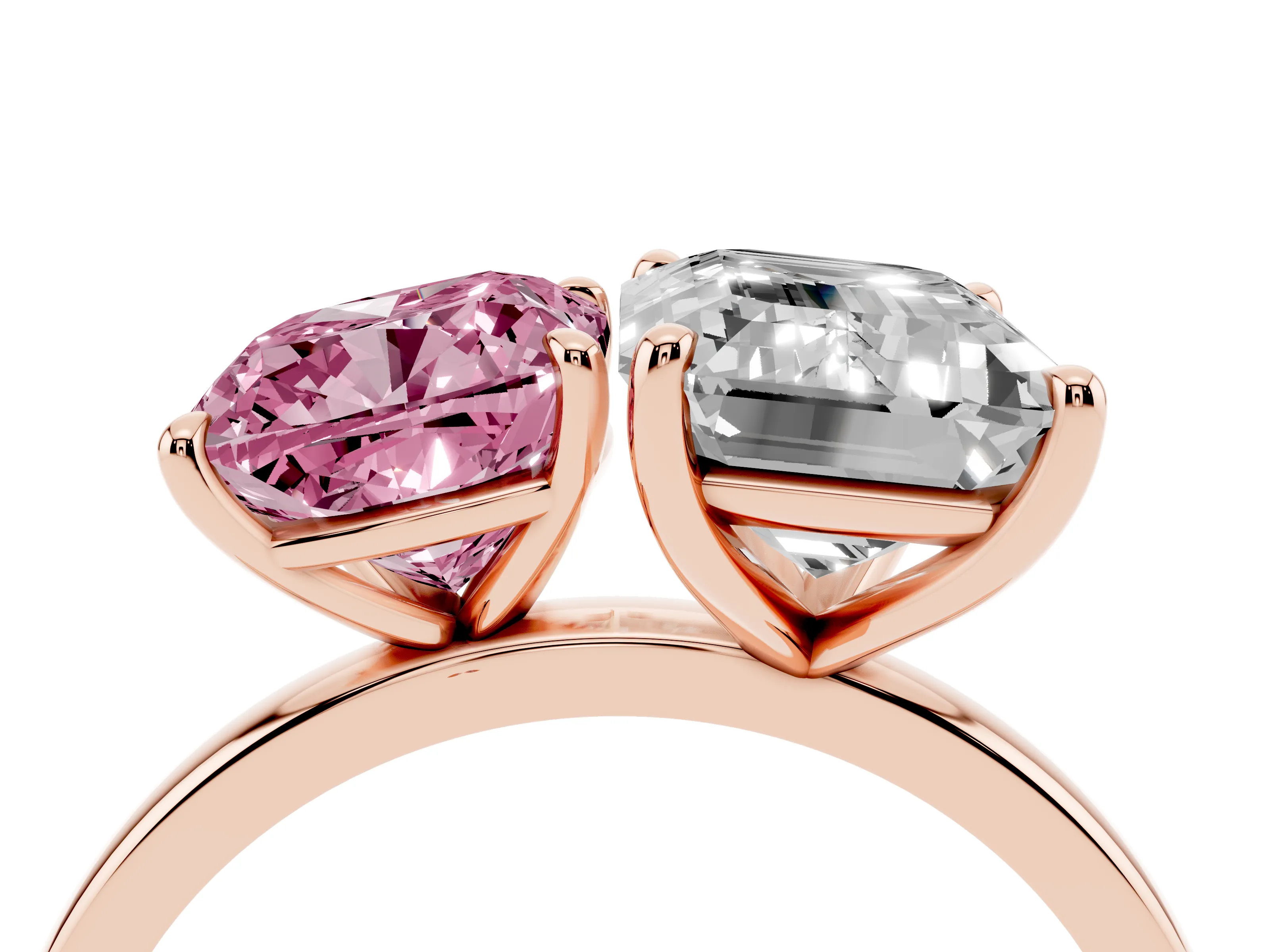 Fancy Pink Cushion Cut and Emerald Cut Toi Moi Ring Set in Rose gold with Prong Setting
