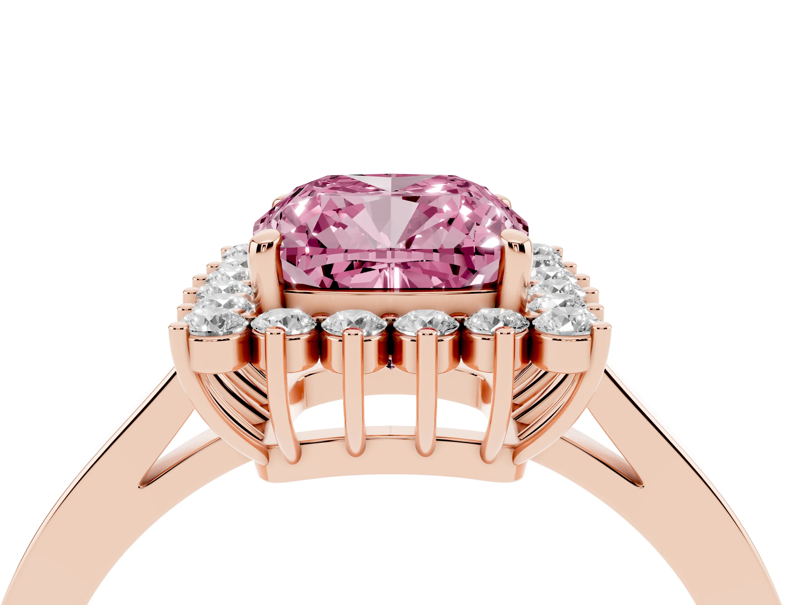 Fancy Pink Cushion Cut Diamond Halo Ring Set in Rose gold with Round Halo and Smooth Solitaire Band