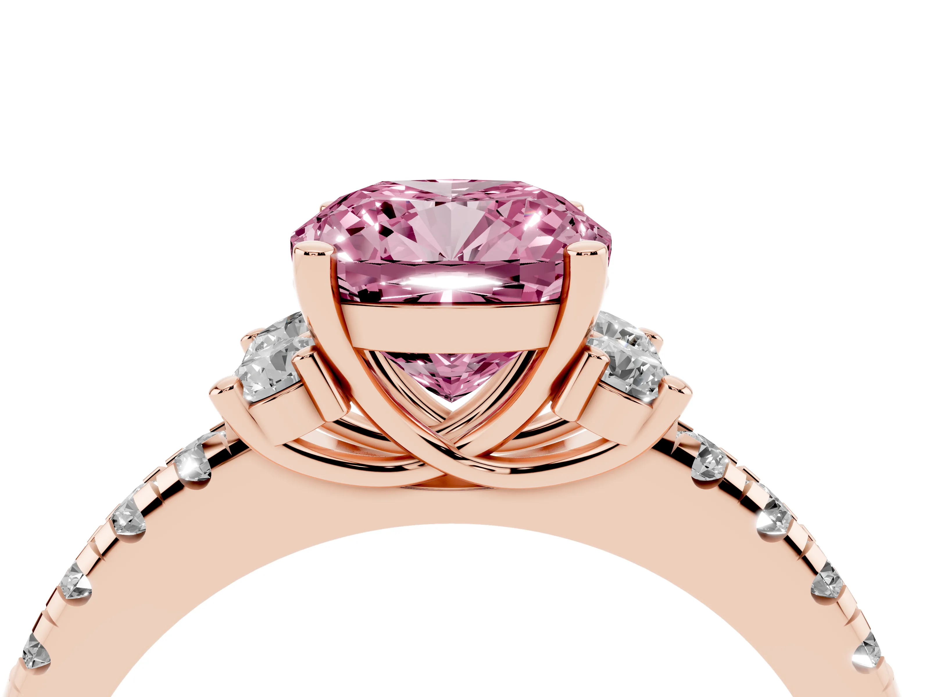 Fancy Pink Cushion Cut Diamond Three-Stone Pavé Ring Set in Rose gold with Prong Setting