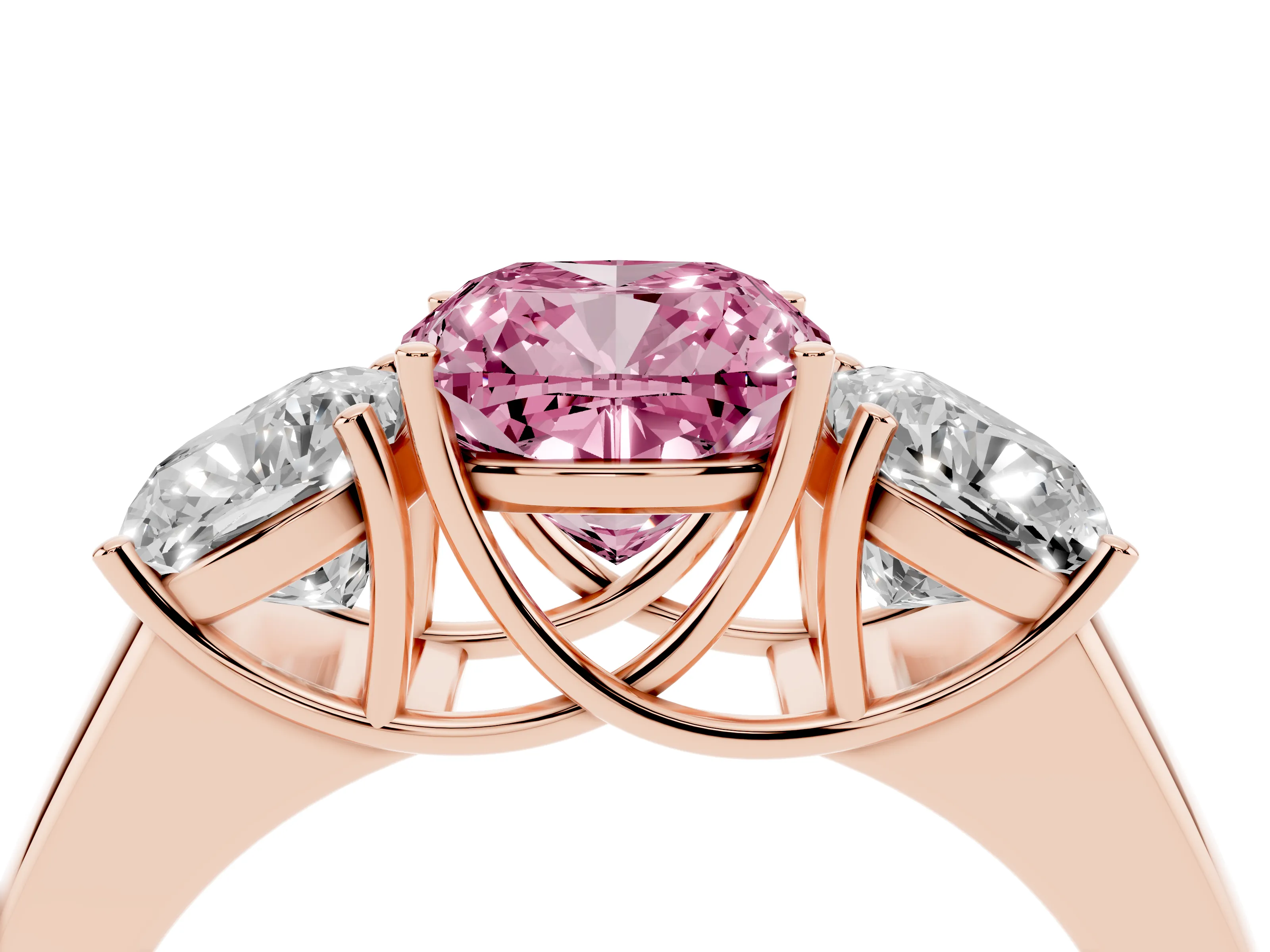 Fancy Pink Three-Stone Cushion Cut Diamond Ring Set in Rose gold with Matching Prong Settings and Plain Band