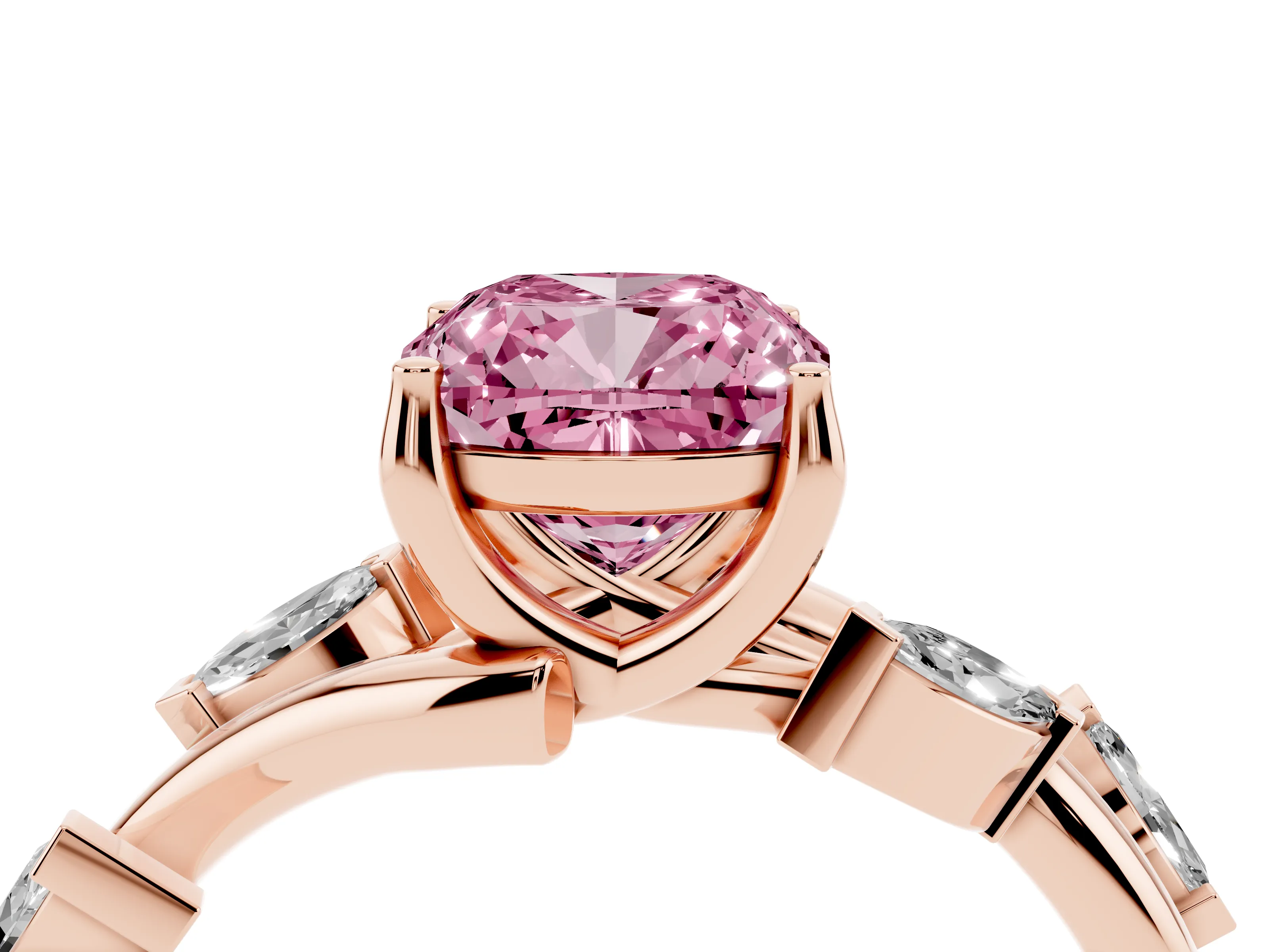 Fancy Pink Cushion Cut Diamond Solitaire Ring Set in Rose gold with Twisted Marquise Accent Band