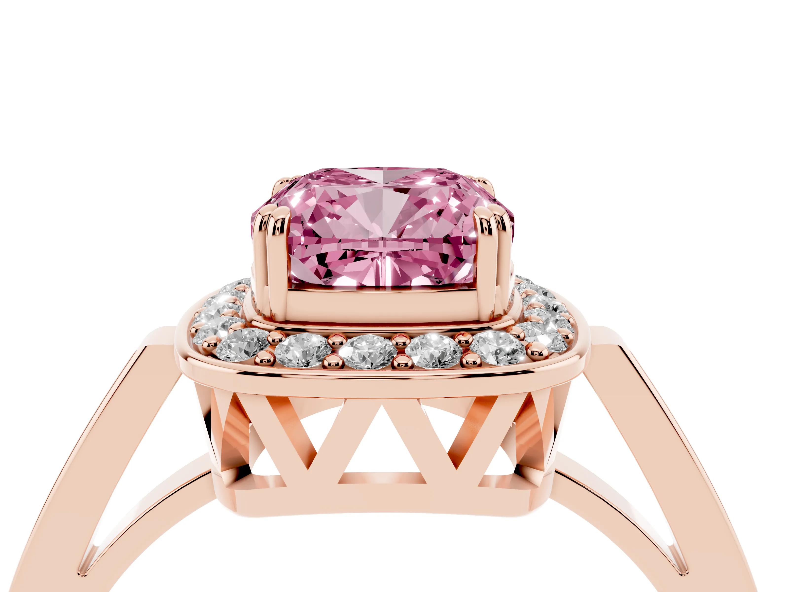 Fancy Pink Cushion Cut Diamond Halo Ring Set in Rose gold with Accent-Lined Split Shank and Prong Setting