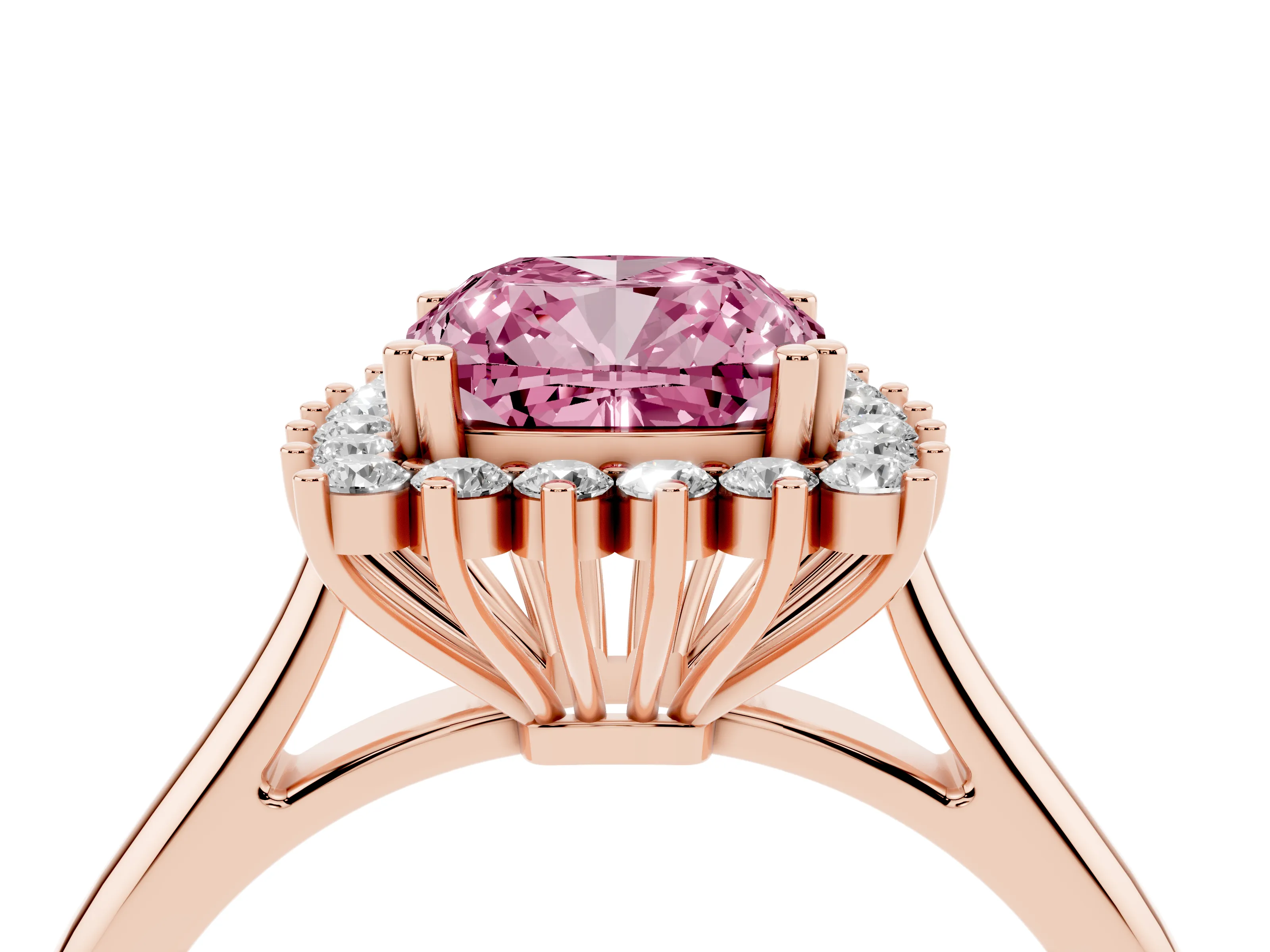 Fancy Pink Cushion Cut Diamond Halo Ring Set in Rose gold with Plain Solitaire Band and Prong Setting