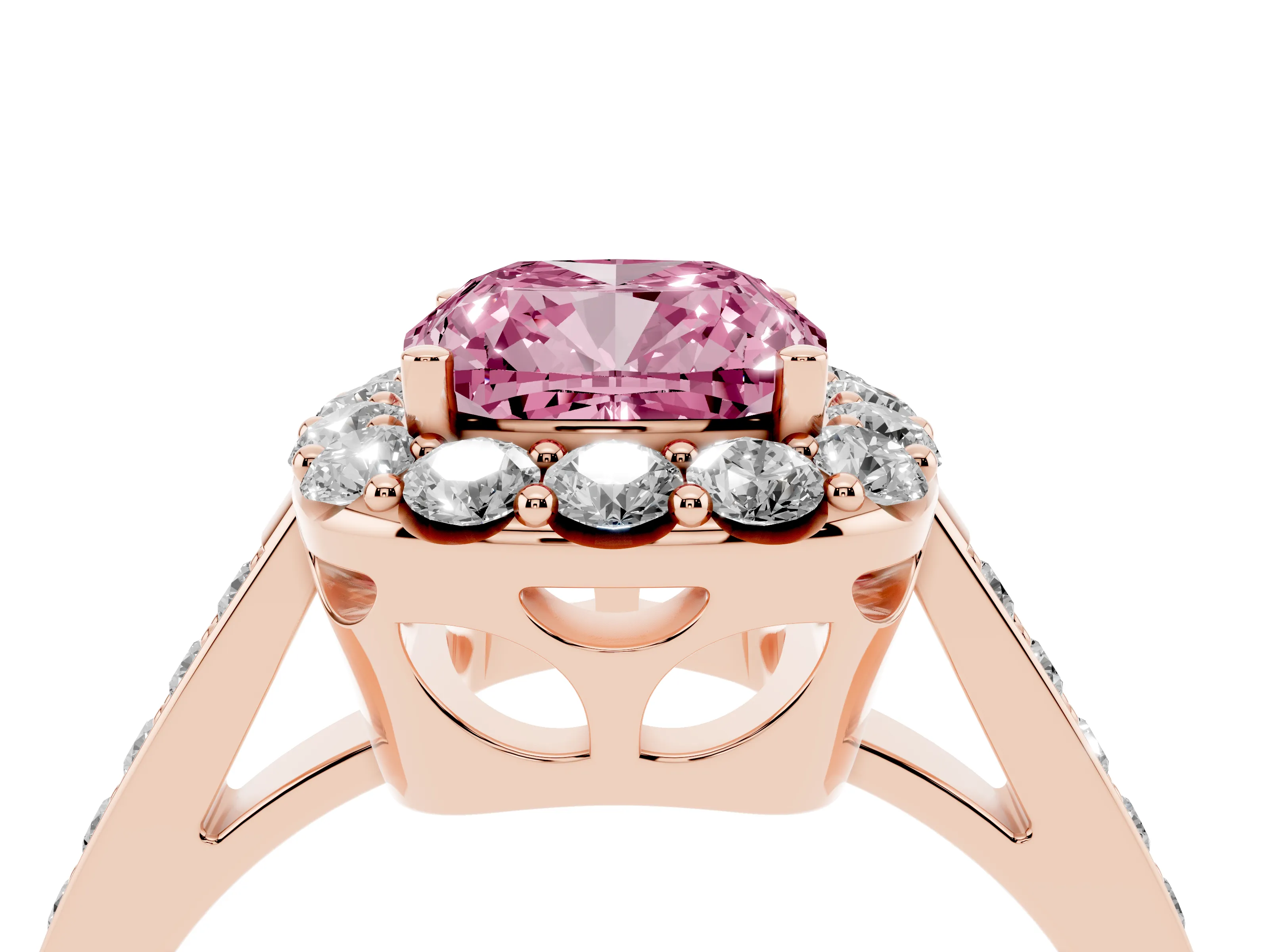 Fancy Pink Cushion Cut Diamond Floral Halo Ring Set in Rose gold with Pavé Band and Prong Setting