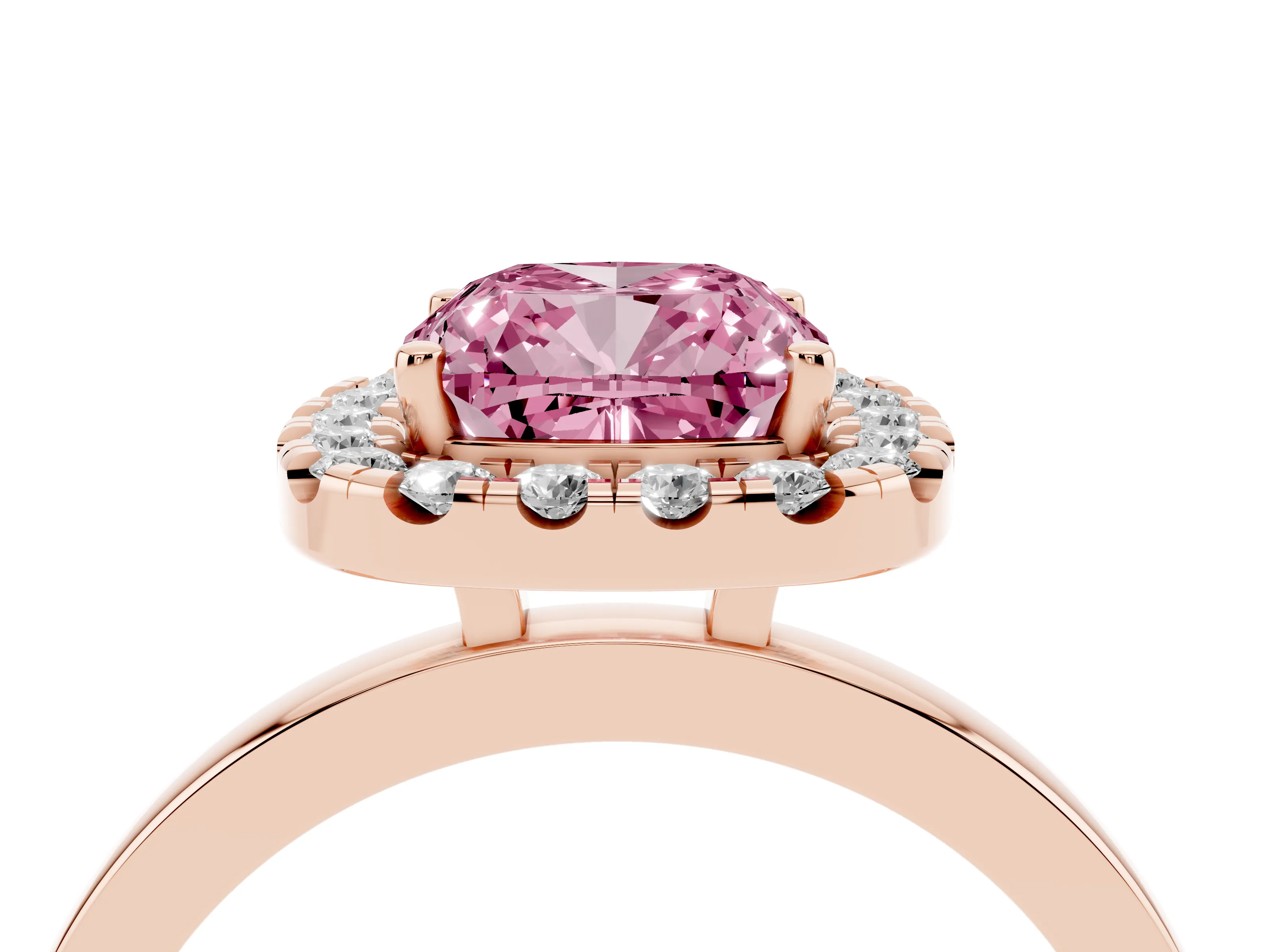 Fancy Pink Cushion Cut Diamond Halo Solitaire Ring Set in Rose gold with Pavé Band and Prong Setting