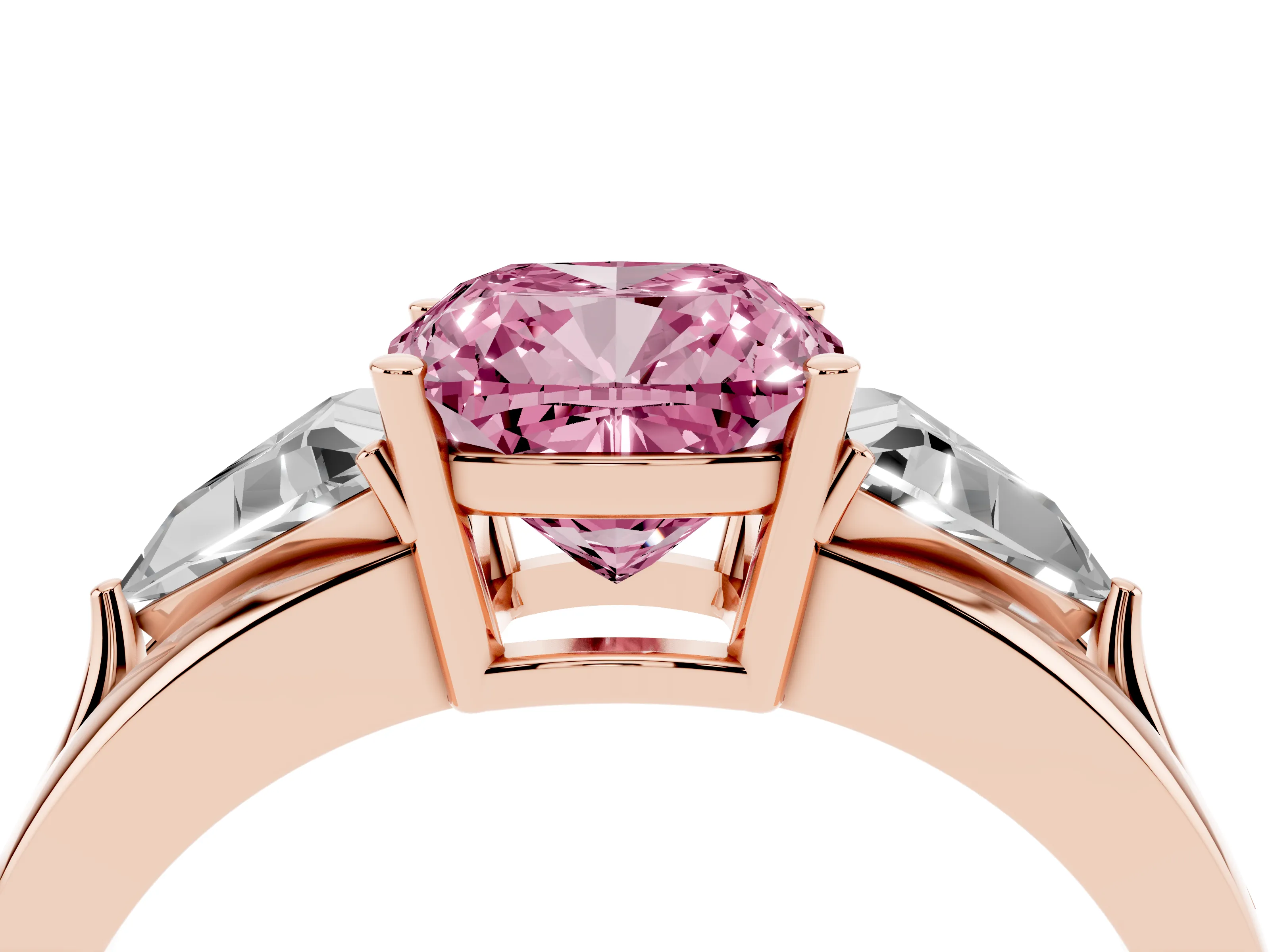 Fancy Pink Cushion Cut Diamond Three-Stone Ring Set in Rose gold with Trillion Side Stones and Split Shank