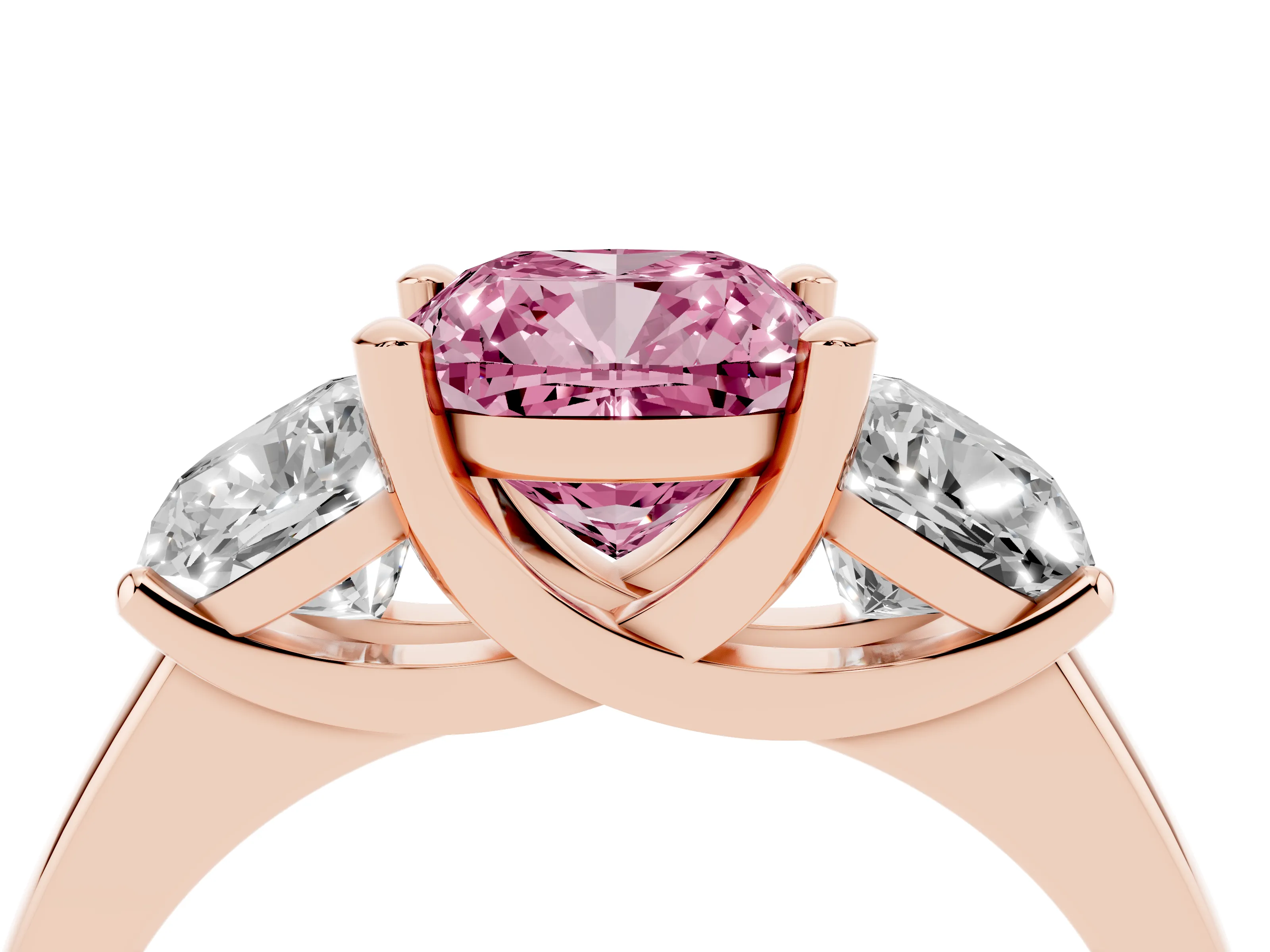 Fancy Pink Cushion Cut Diamond Three-Stone Ring Set in Rose gold with Classic Prong Setting and Plain Band