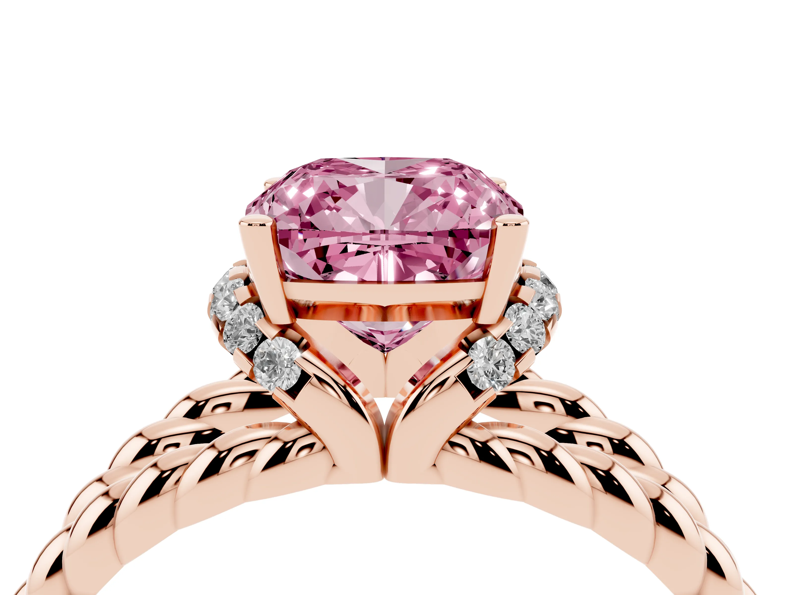 Fancy Pink Cushion Cut Diamond Halo Ring Set in Rose gold with Twisted Band and Prong Setting