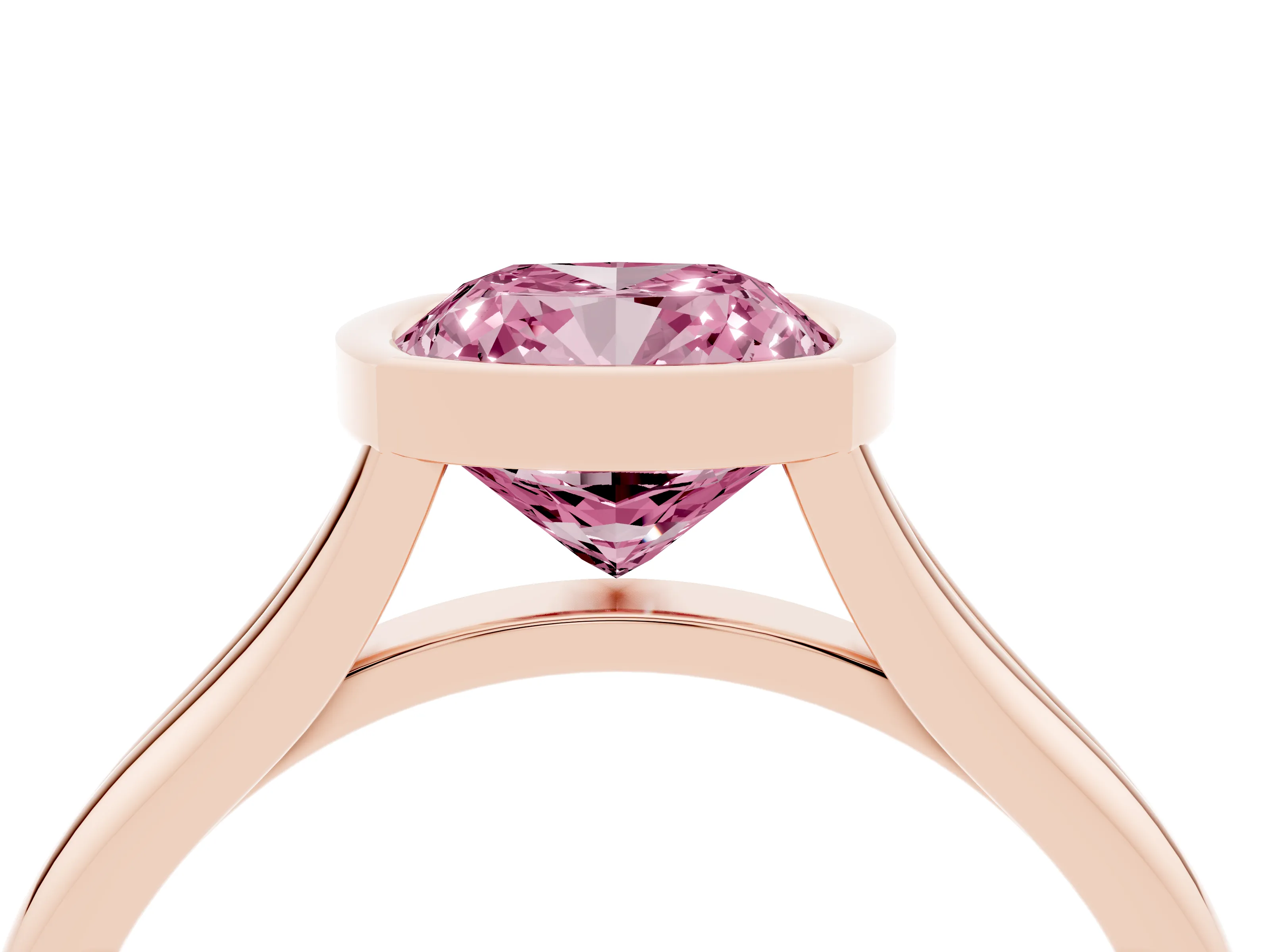 Fancy Pink Bezel Set Cushion Cut Diamond Solitaire Ring Set in Rose gold with Tapered Band