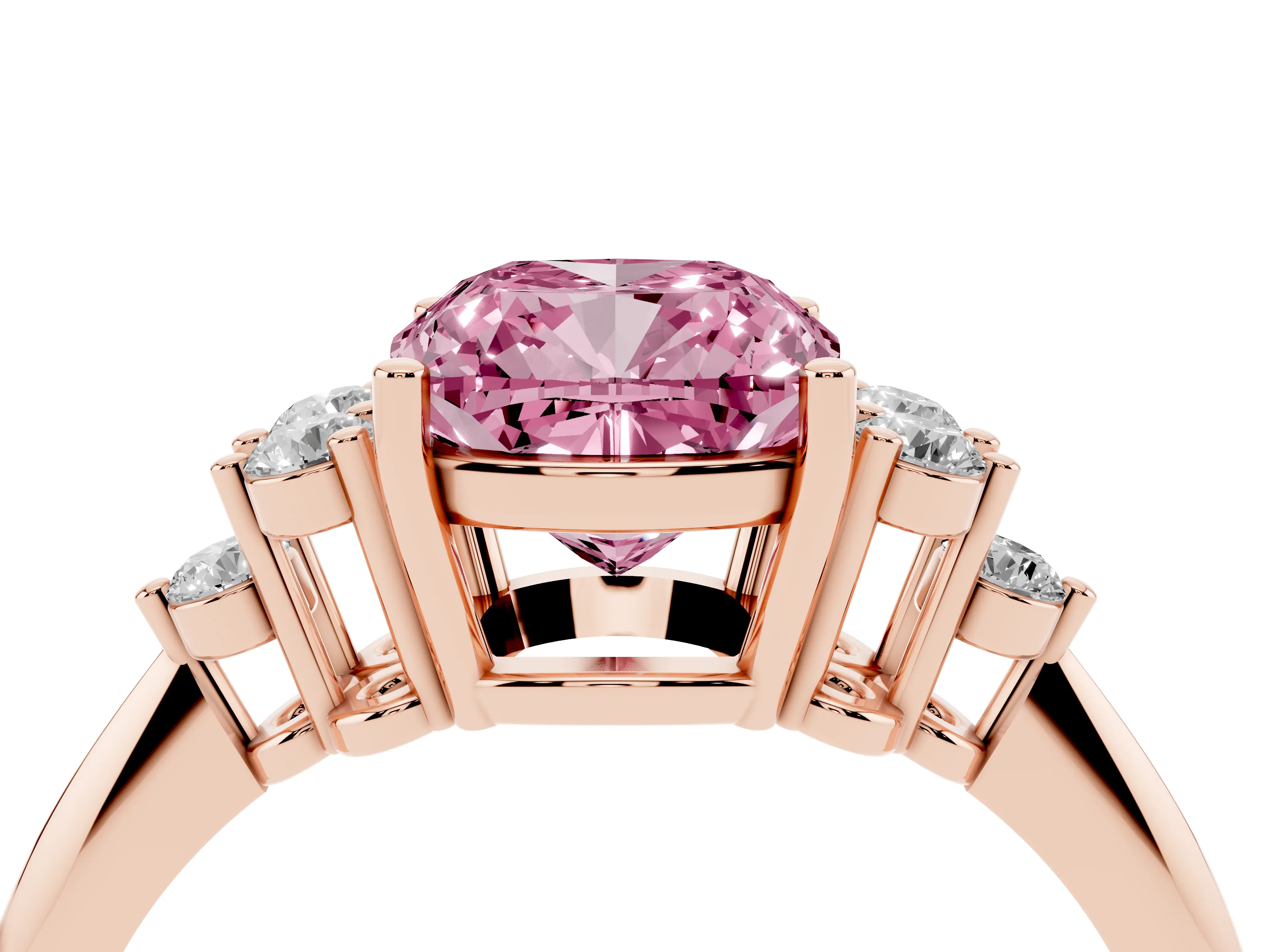 Fancy Pink Cushion Cut Diamond Cluster Ring Set in Rose gold with Plain Band and Prong Setting