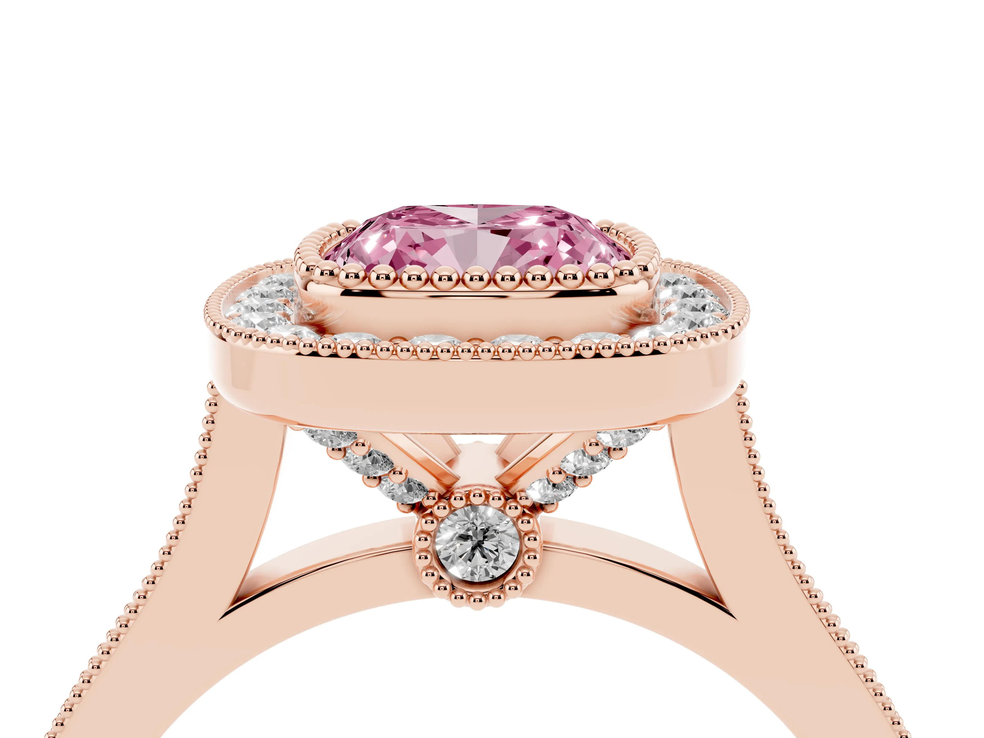 Fancy Pink Cushion Cut Diamond Halo Ring Set in Rose gold with Milgrain Frame and Pavé Band