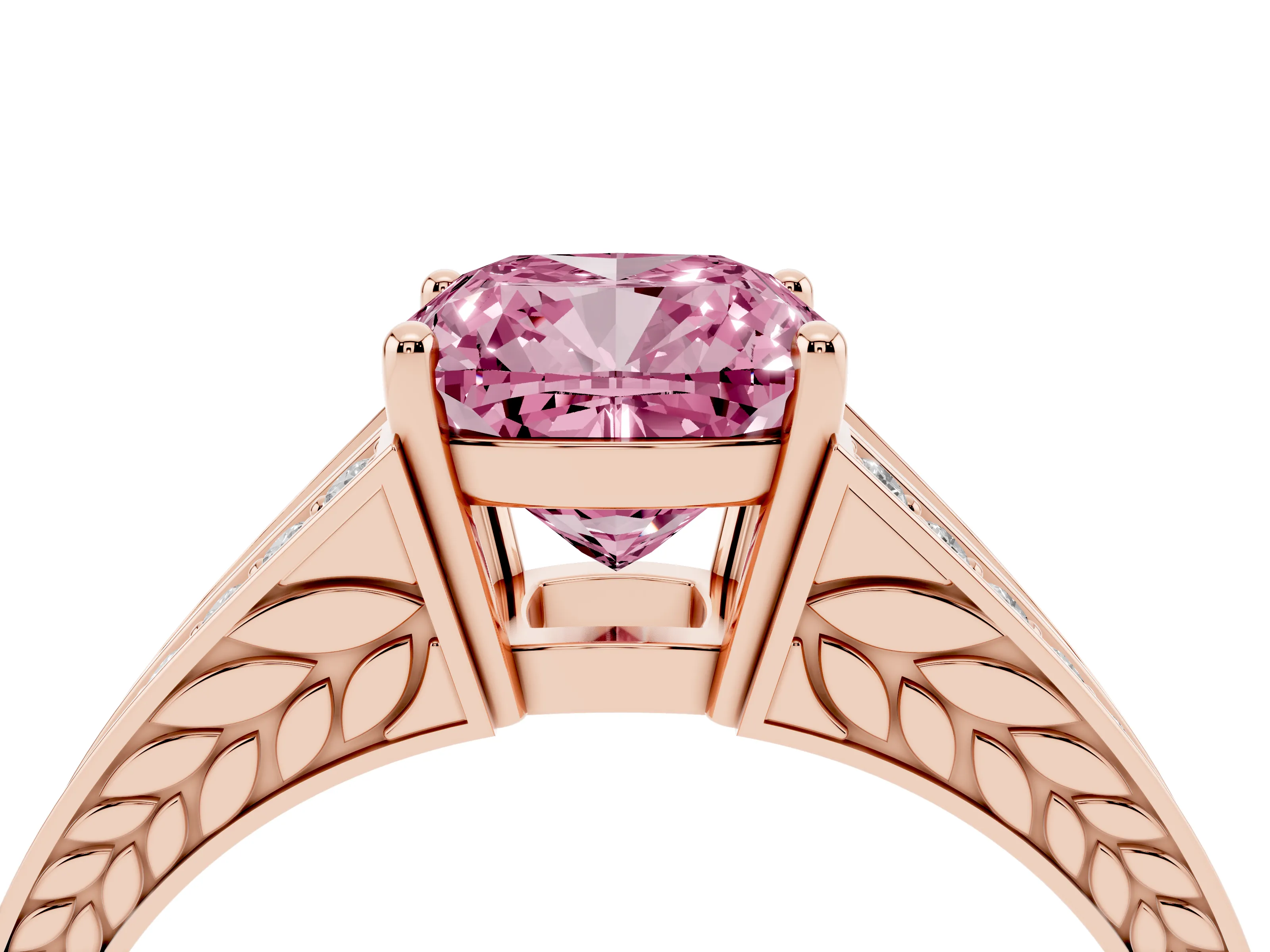 Fancy Pink Cushion Cut Diamond Split Shank Ring Set in Rose gold with Pavé Band and Prong Setting