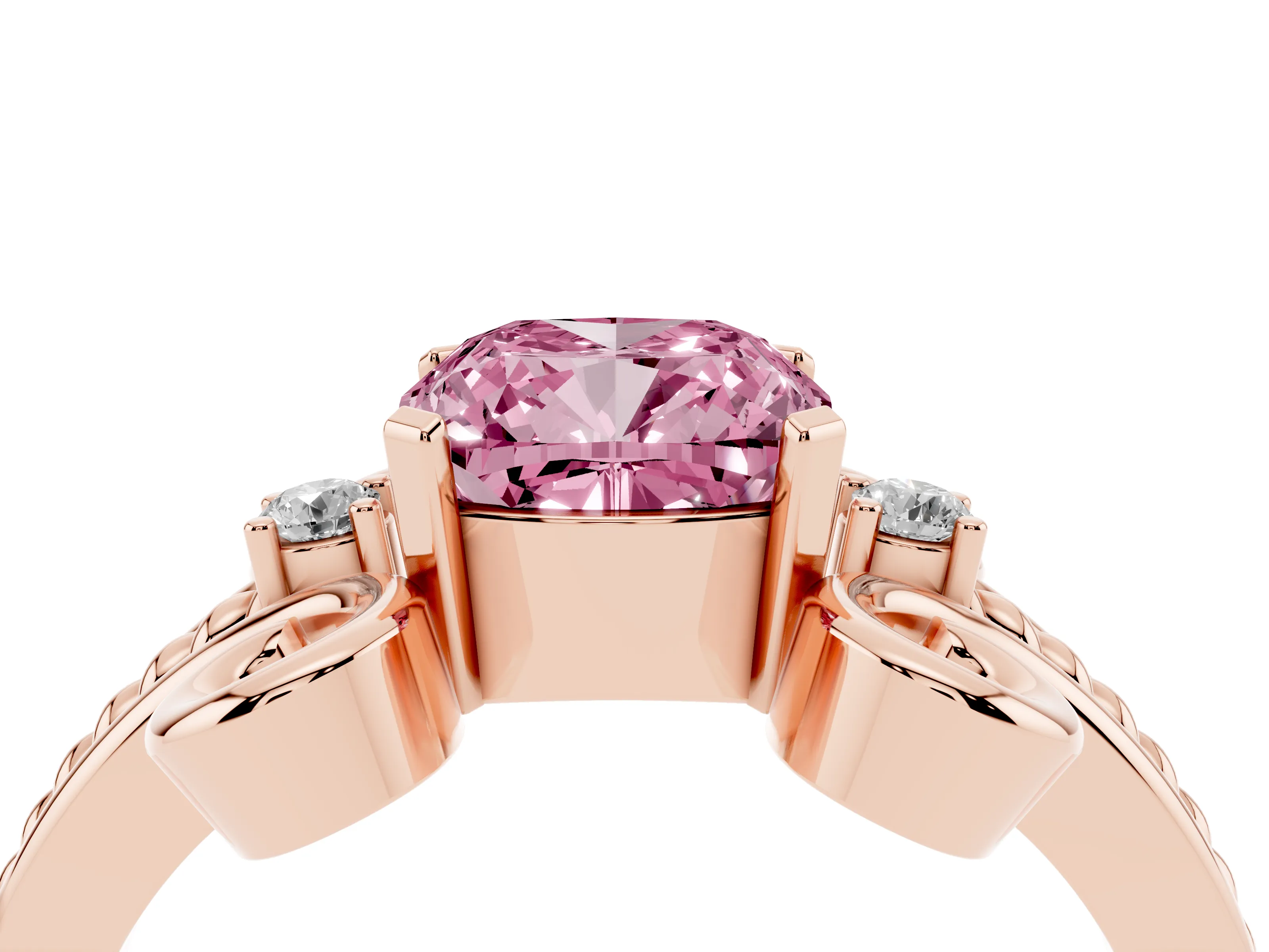 Fancy Pink Cushion Cut Diamond Twisted Band Solitaire Ring Set in Rose gold with Scroll Prongs