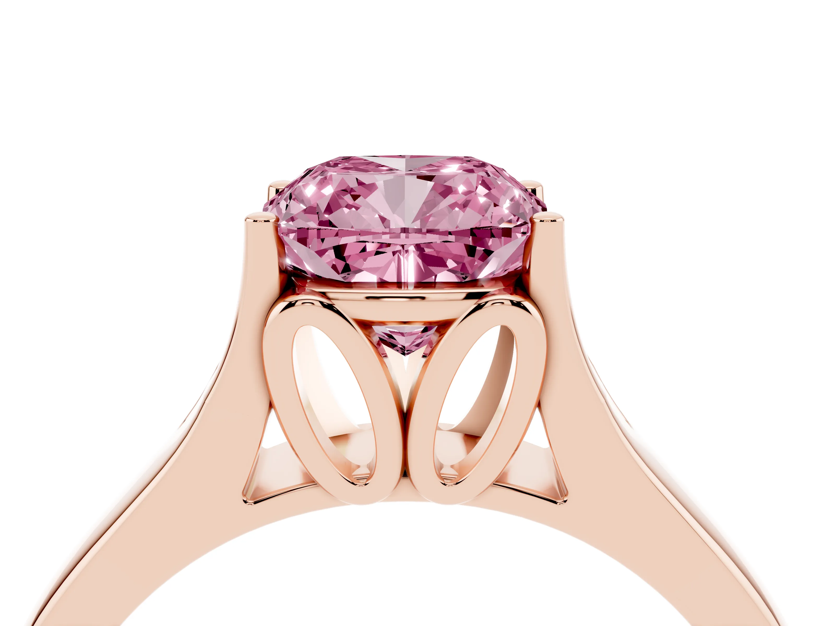 Fancy Pink Cushion Cut Diamond Solitaire Ring Set in Rose gold with Arched Cathedral Band and Prong Setting