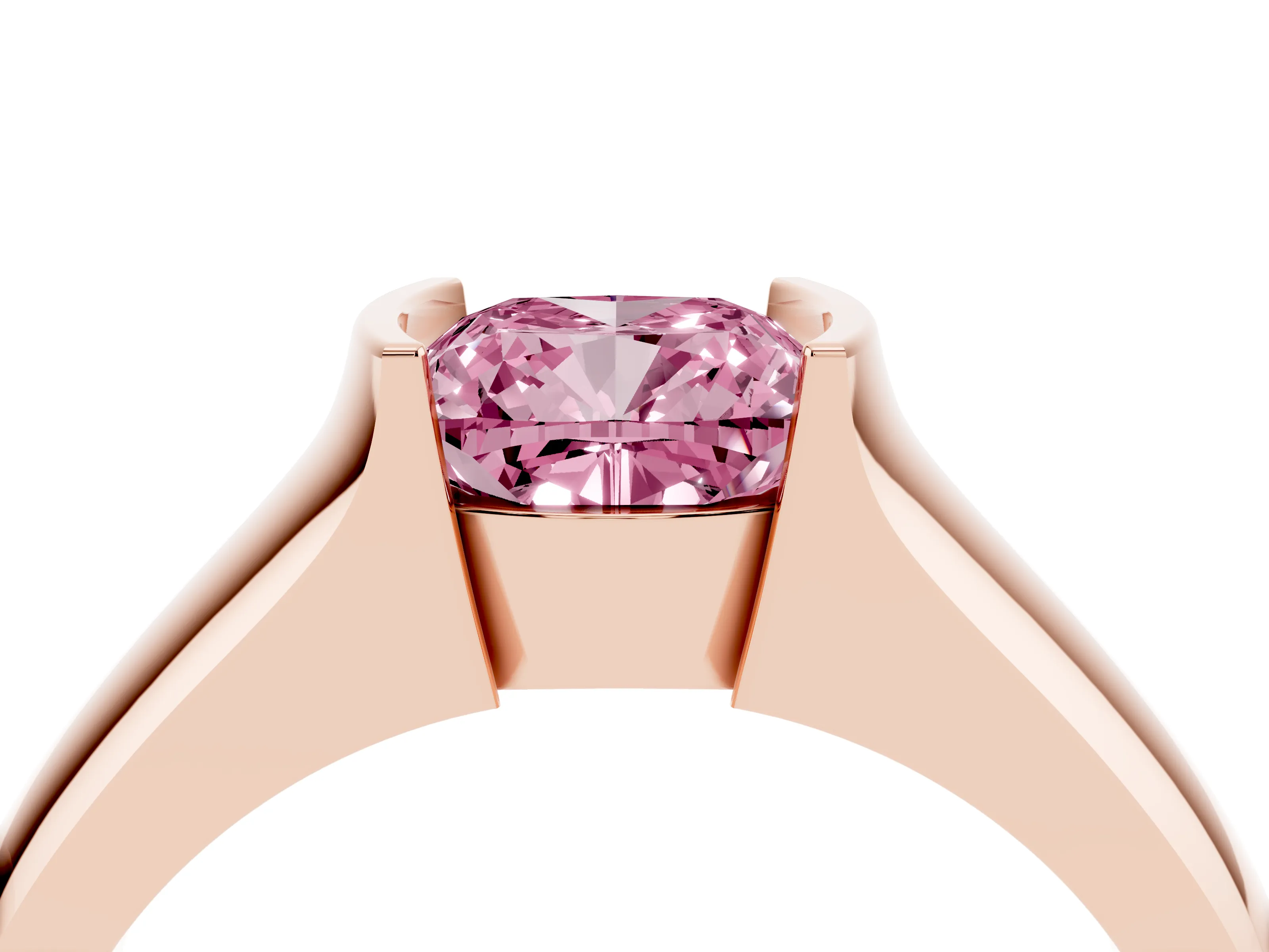 Fancy Pink Cushion Cut Diamond Bezel Solitaire Ring Set in Rose gold with Wide Band