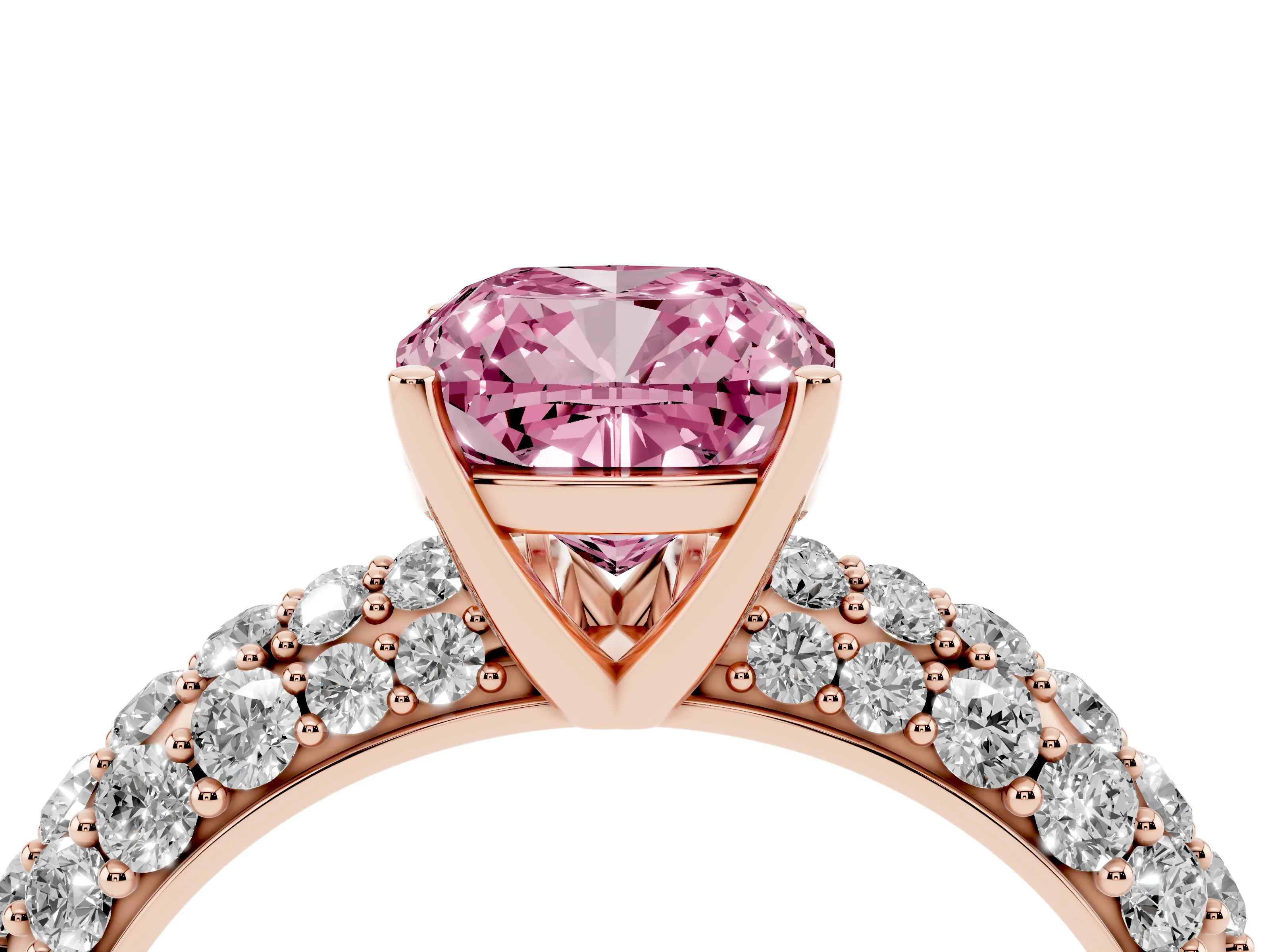 Fancy Pink Cushion Cut Diamond Pavé Band Solitaire Ring Set in Rose gold with Close-Set Accent Stones and Prong Setting