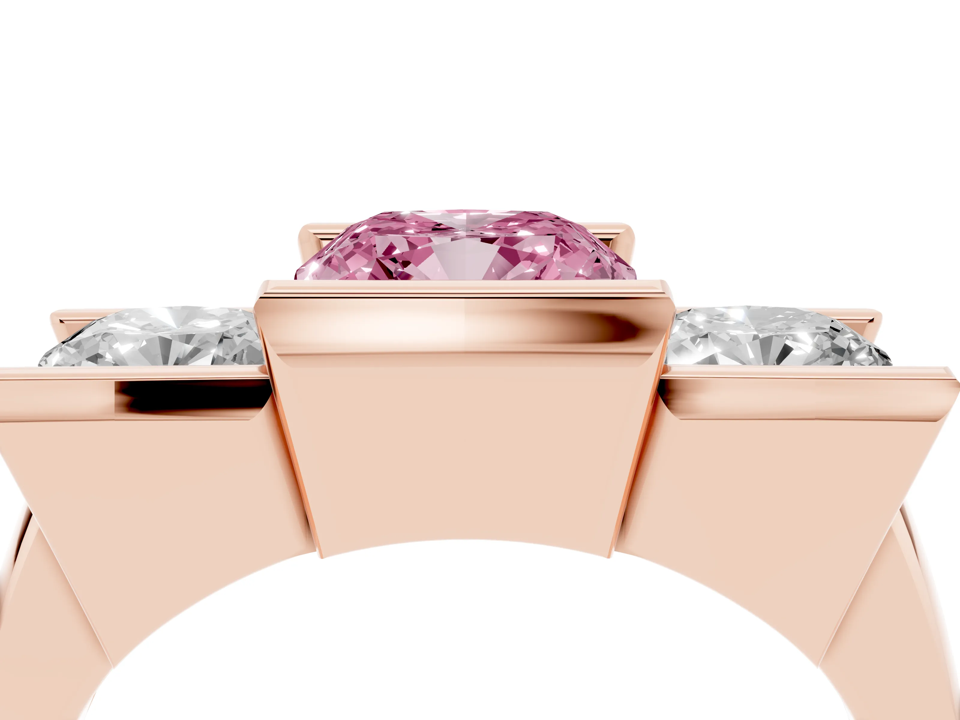 Fancy Pink Cushion Cut Diamond Three-Stone Channel Set Ring Set in Rose gold with Smooth Polished Band