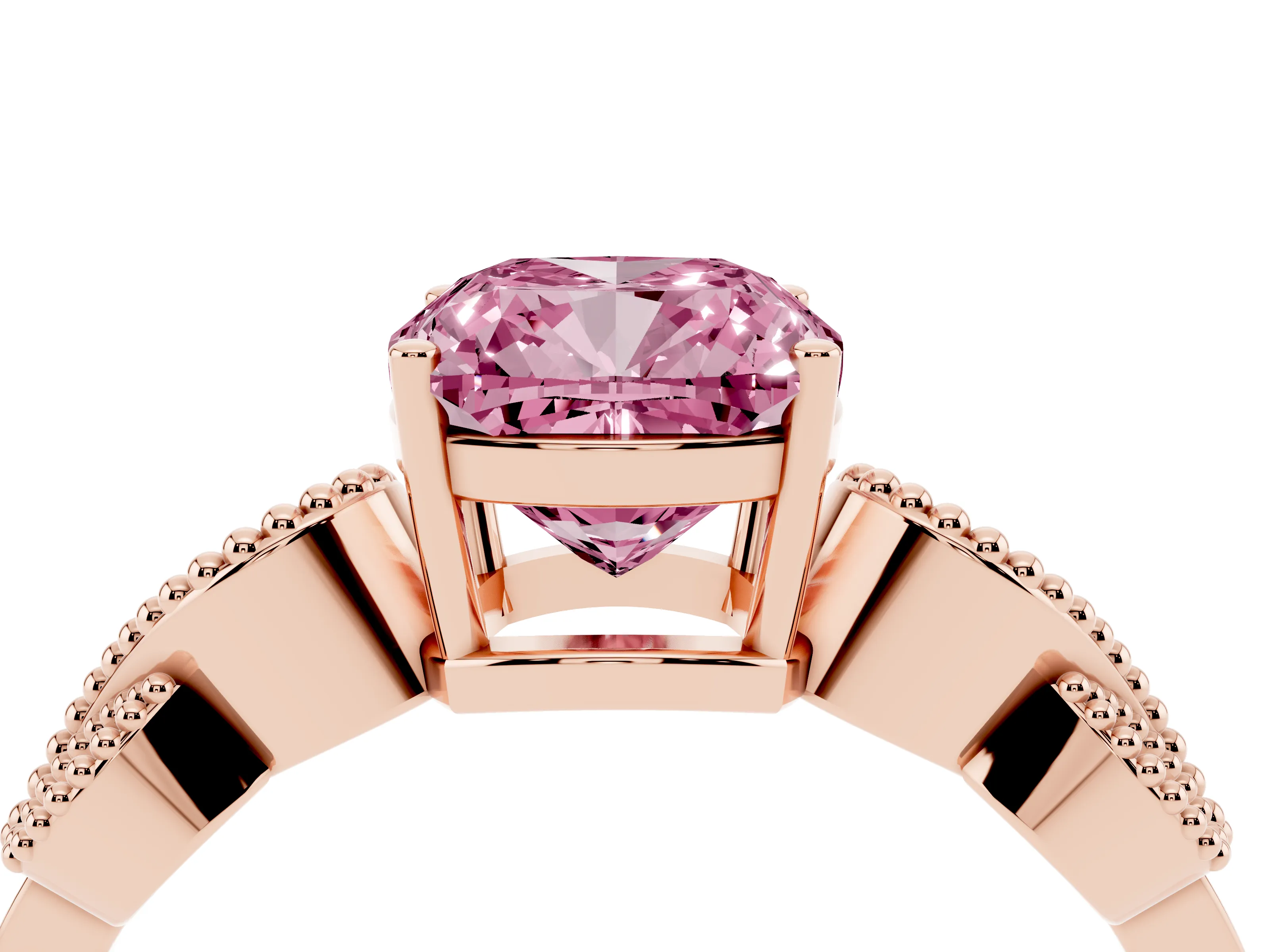 Fancy Pink Cushion Cut Diamond Milgrain Leaf Band Solitaire Ring Set in Rose gold with Accent Stones and Prong Setting