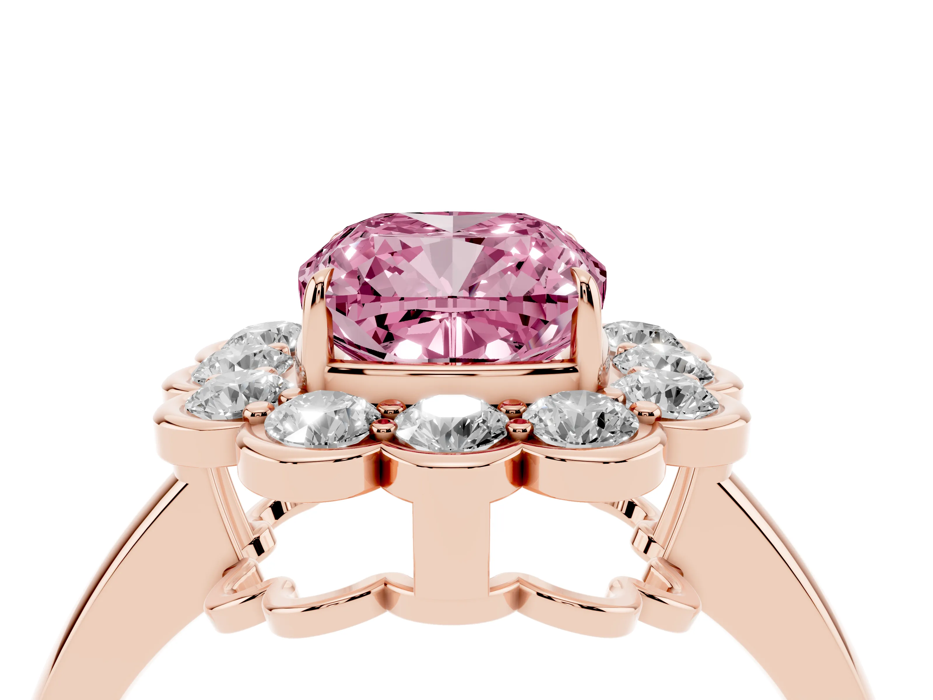 Fancy Pink Cushion Cut Diamond Halo Cluster Engagement Ring Set in Rose gold with Solitaire Band and Prong Setting