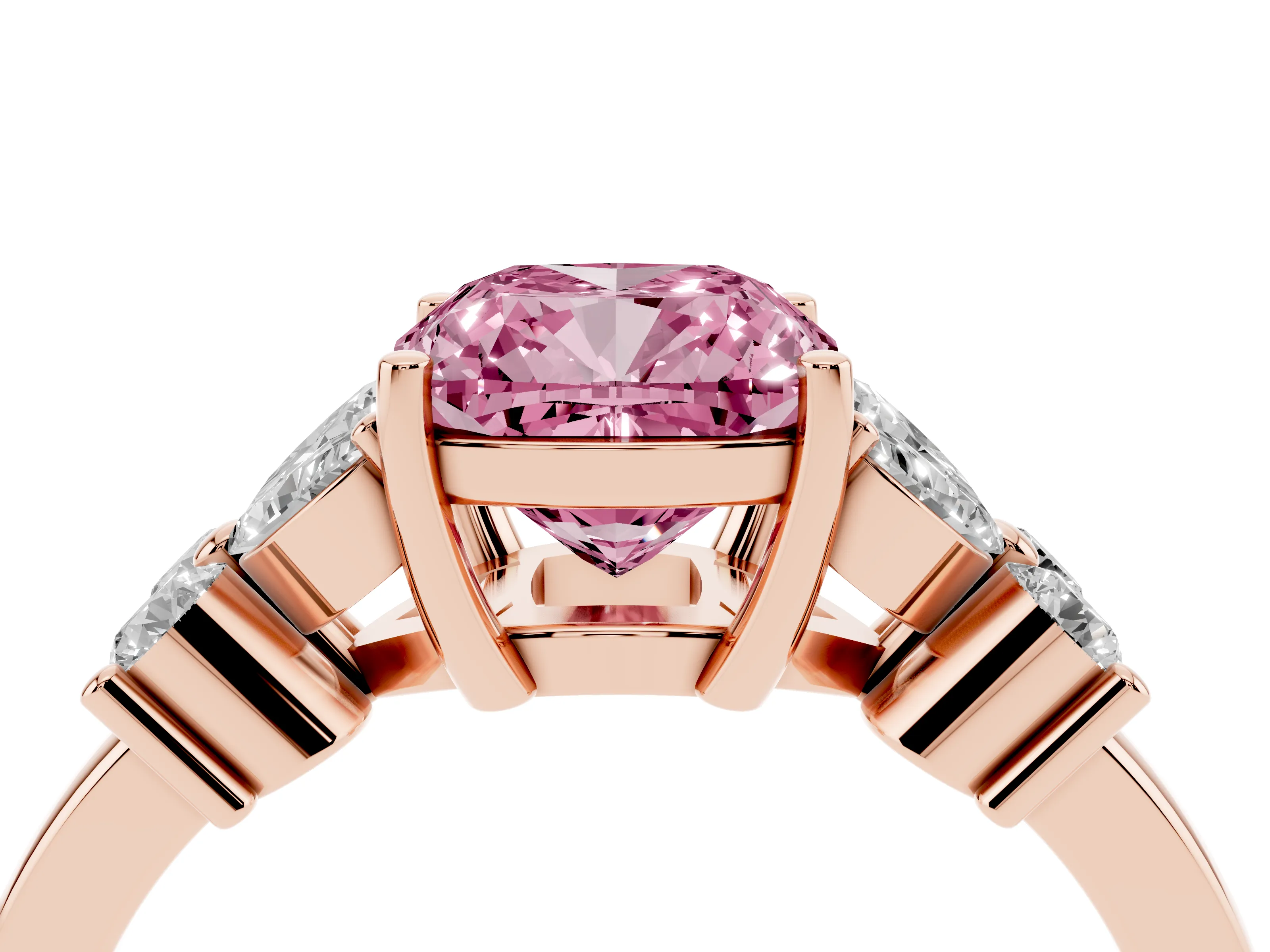 Fancy Pink Cushion Cut Diamond Floral Cluster Ring Set in Rose gold with Marquise Petals and Prong Setting