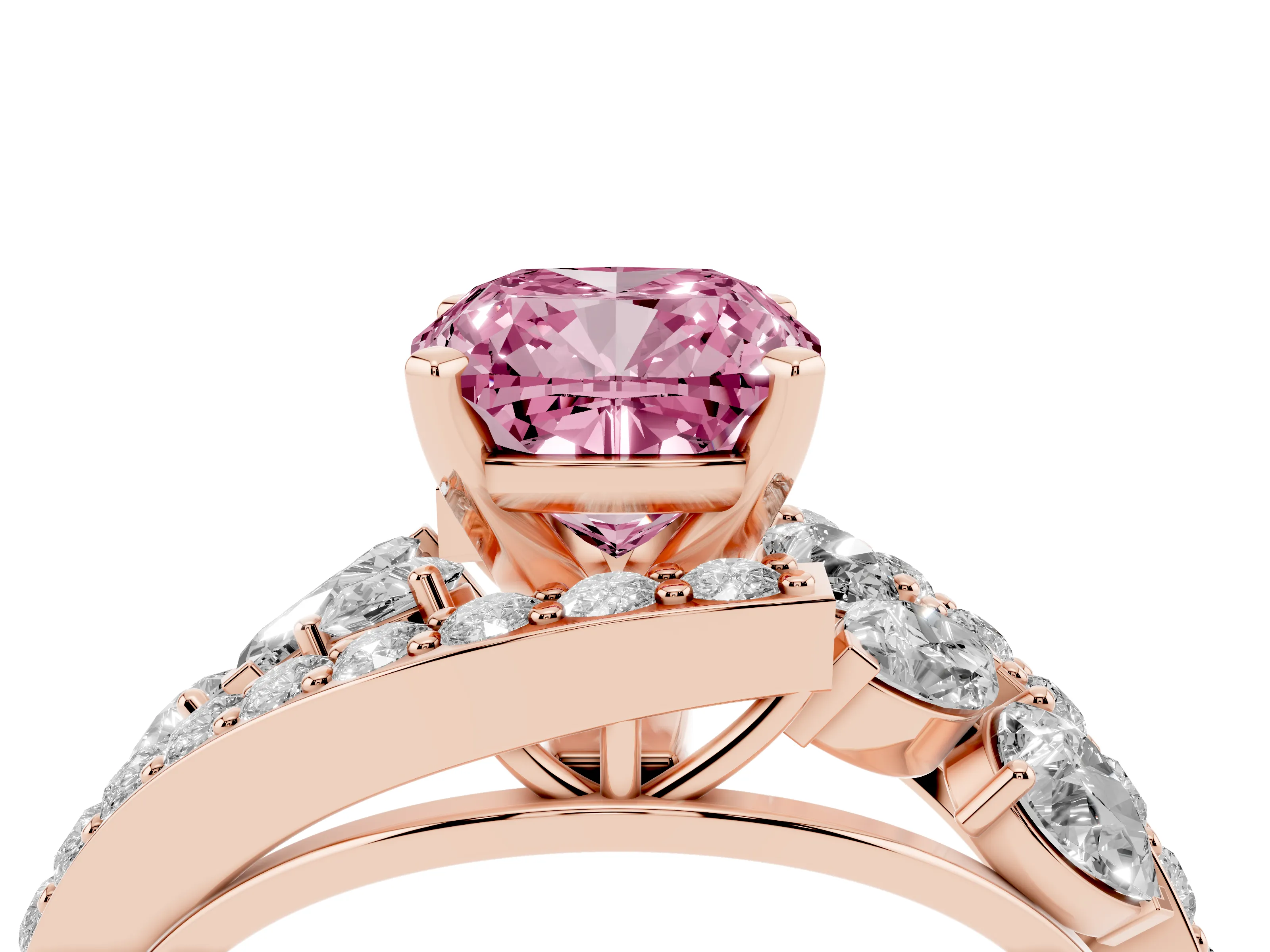 Fancy Pink Cushion Cut Diamond Halo Ring Set in Rose gold with Marquise and Pavé Band in Prong Setting