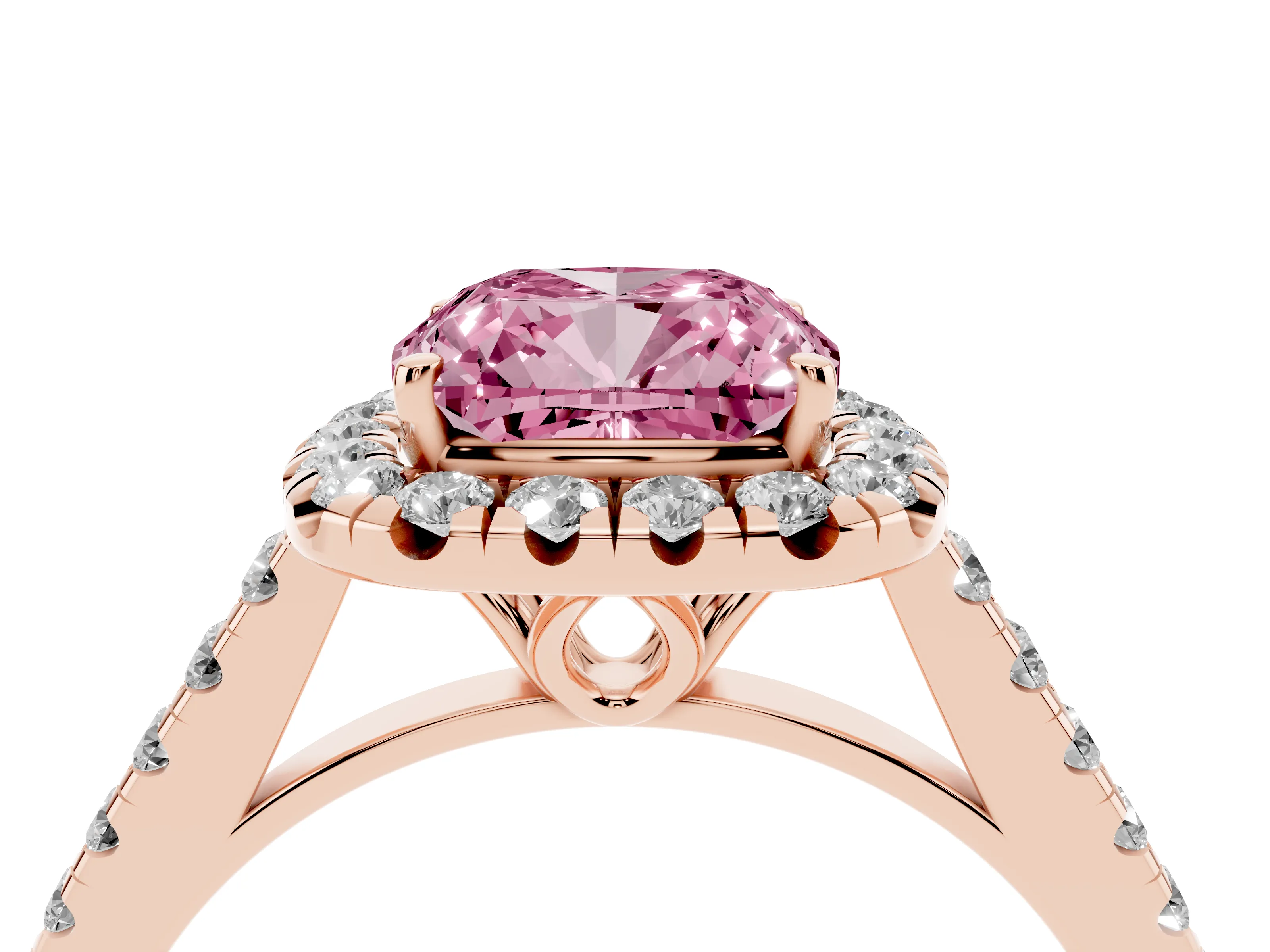 Fancy Pink Cushion Cut Diamond Pavé Halo Engagement Ring Set in Rose gold with Pavé Band and Prong Setting