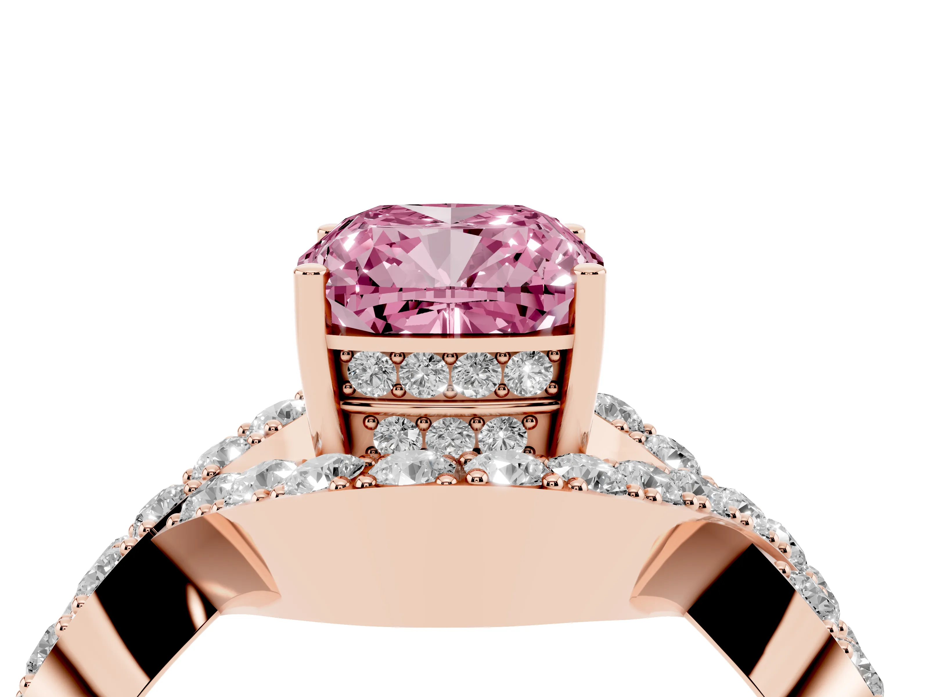 Fancy Pink Cushion Cut Diamond Solitaire Twist Band Pavé Engagement Ring Set in Rose gold