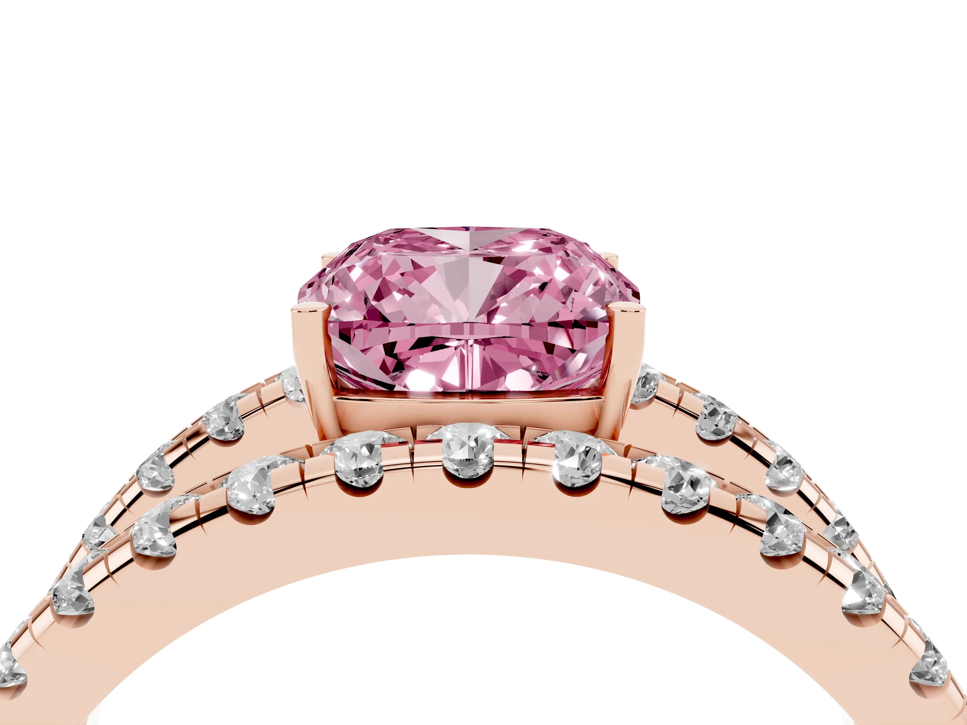 Fancy Pink Cushion Cut Diamond Split Shank Pavé Solitaire Ring Set in Rose gold with Open Shank Design