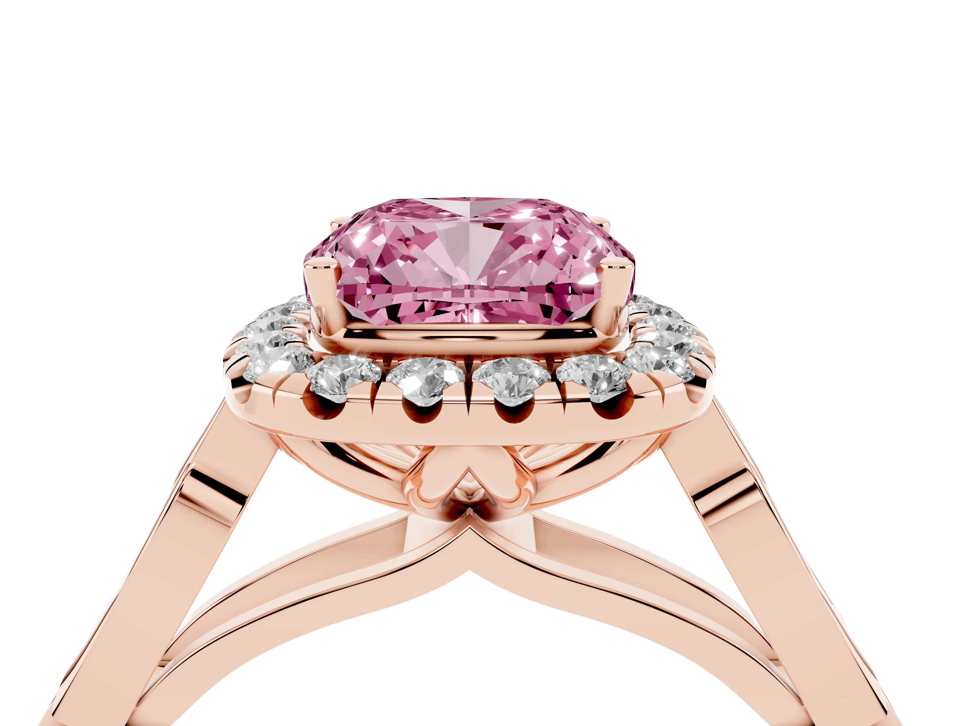 Fancy Pink Cushion Cut Diamond Halo Engagement Ring Set in Rose gold with Filigree Band and Prong-Set Center