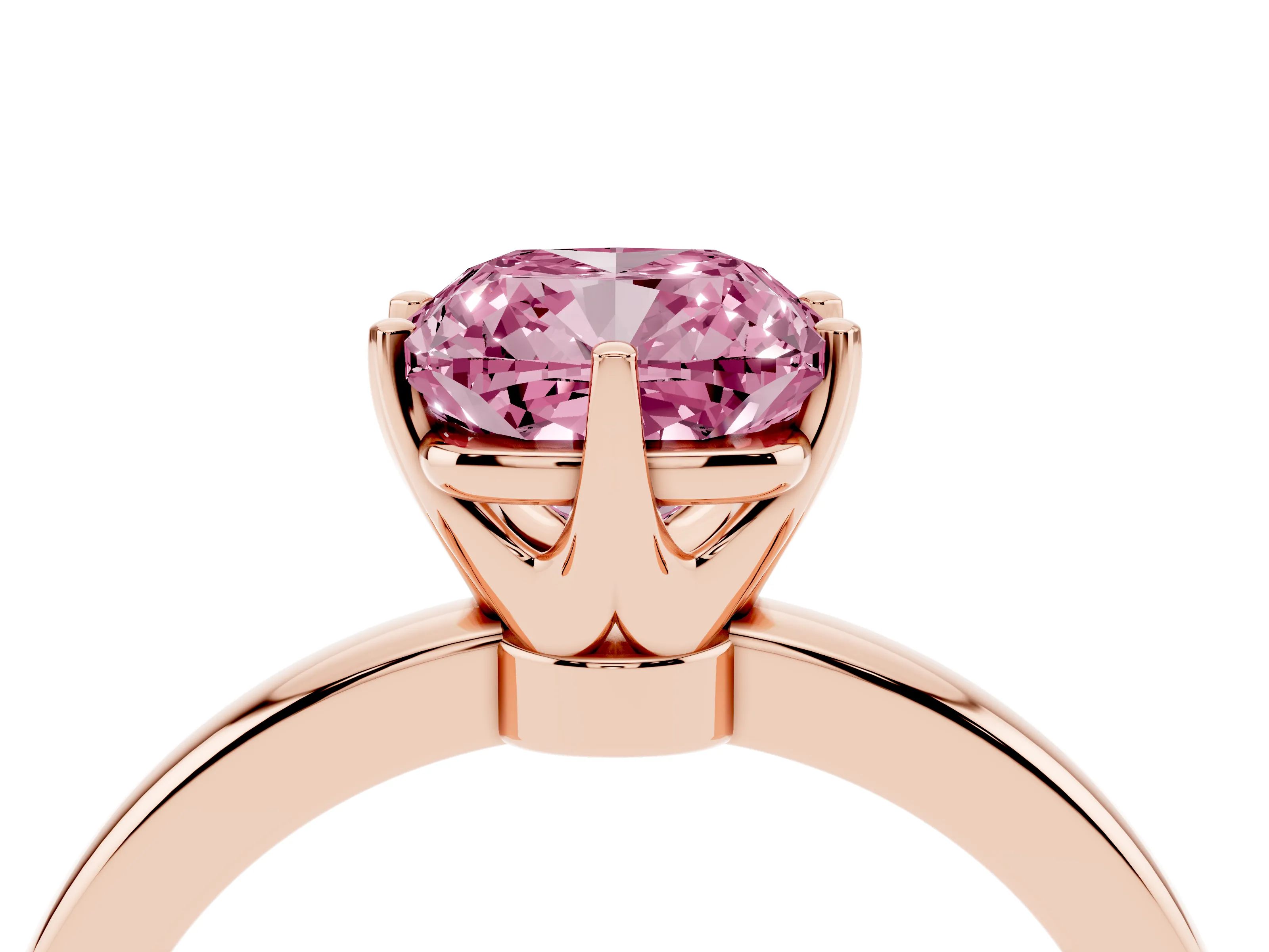 Fancy Pink Cushion Cut Diamond Solitaire Ring Set in Rose gold with Raised Prong Setting on a Classic Band
