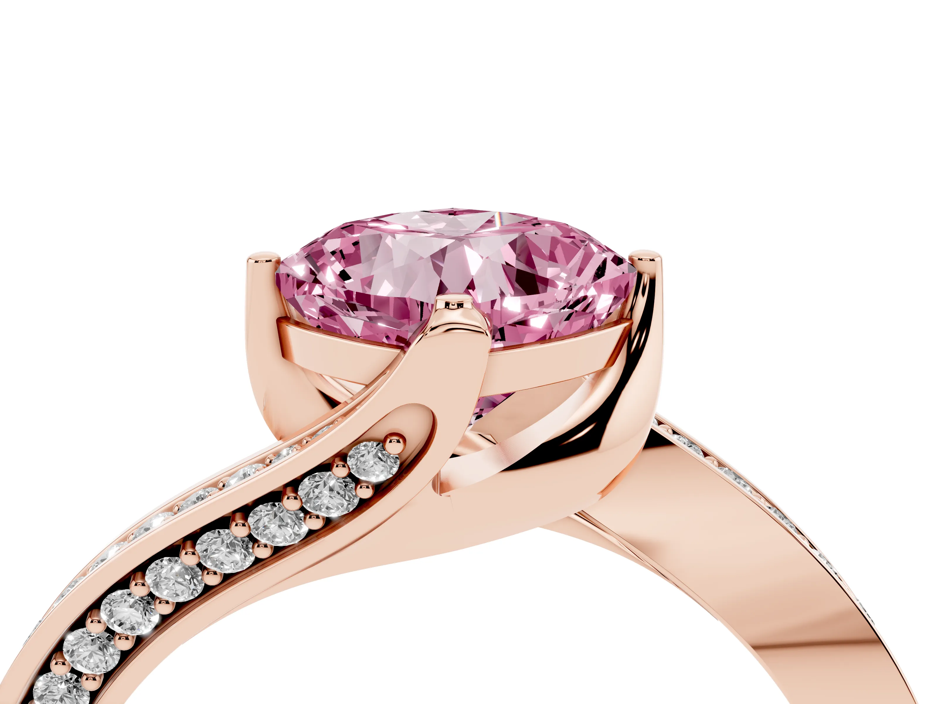Fancy Pink Cushion Cut Diamond Solitaire Ring Set in Rose gold with Intertwined Pavé Twist Band