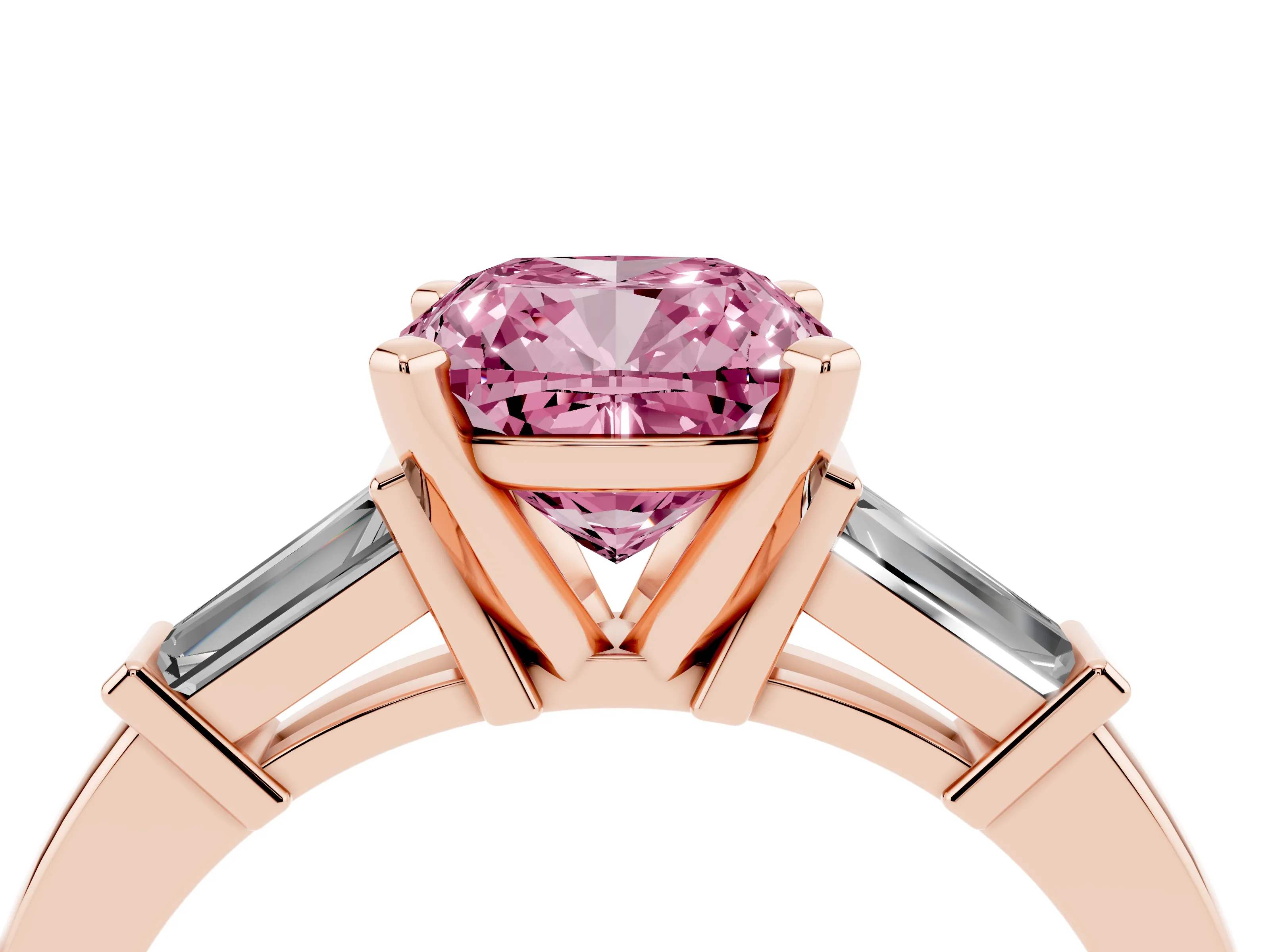 Fancy Pink Cushion Cut Diamond Solitaire Ring Set in Rose gold with Tapered Baguette Accents and Prong Setting