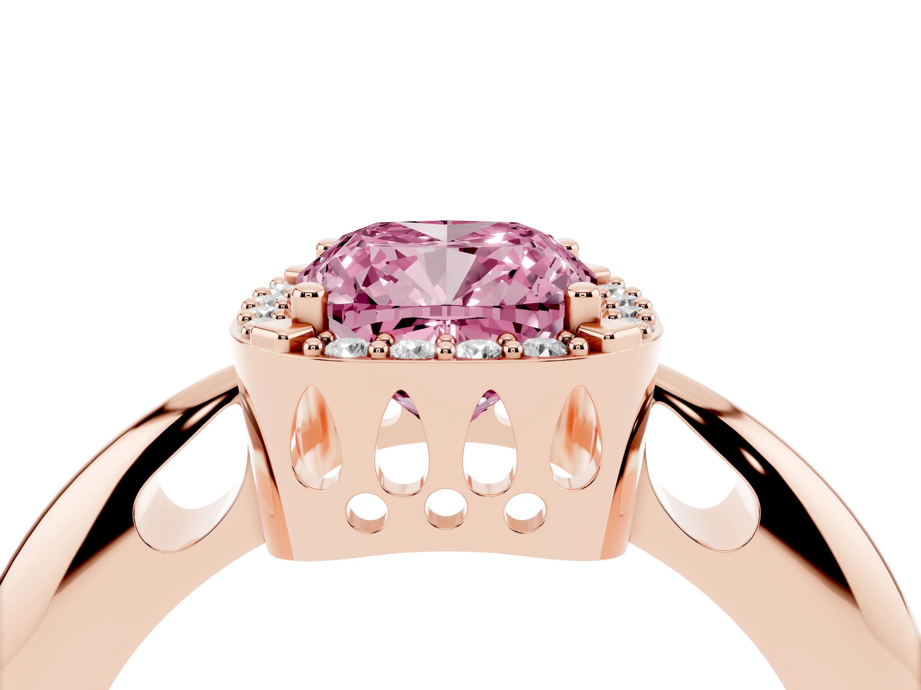 Fancy Pink Cushion Cut Diamond Halo Engagement Ring Set in Rose gold with Plain Split Shank and Prong Setting