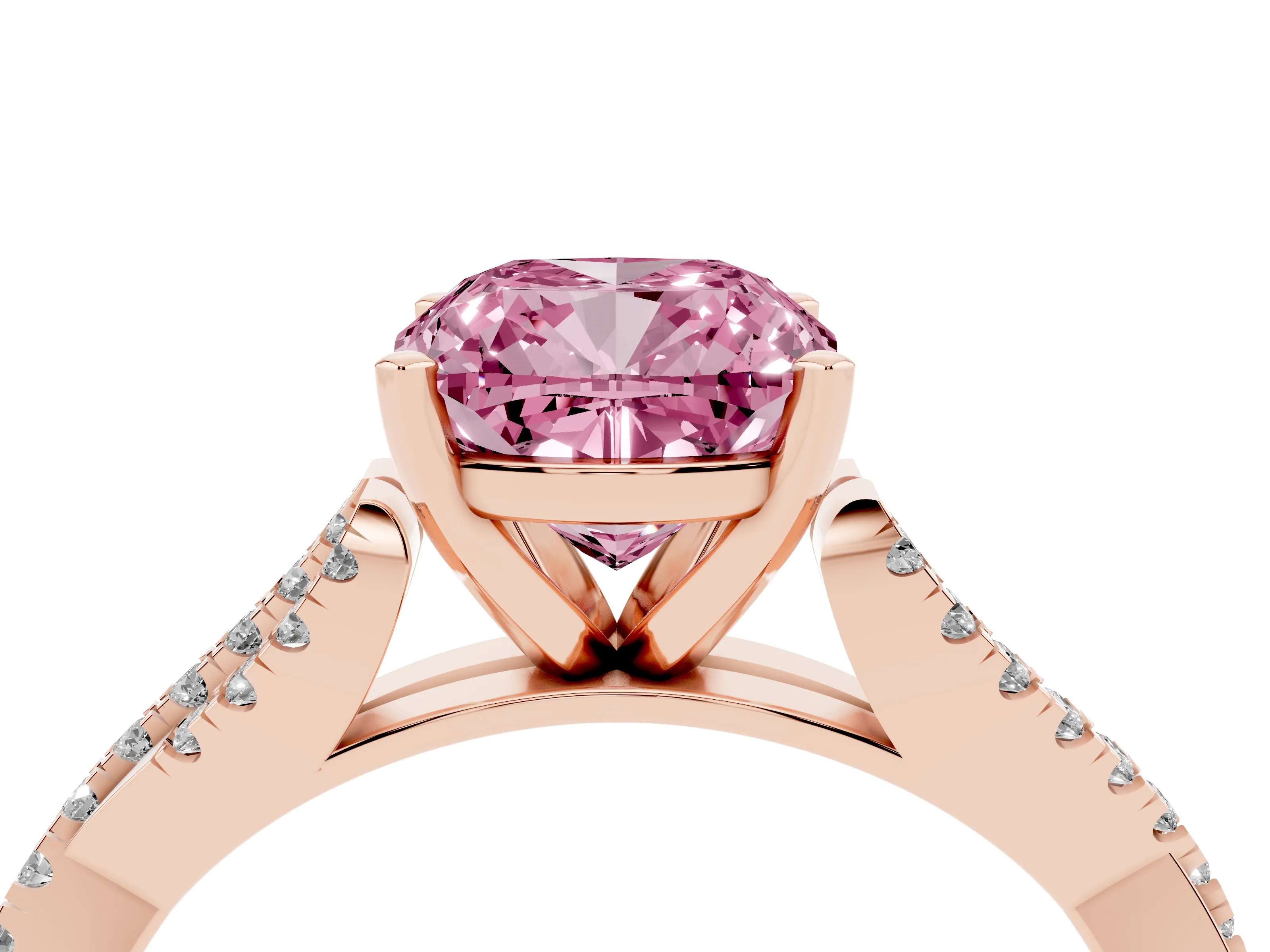 Fancy Pink Cushion Cut Diamond Solitaire Engagement Ring Set in Rose gold with Twisted Pavé Band and Prong Setting
