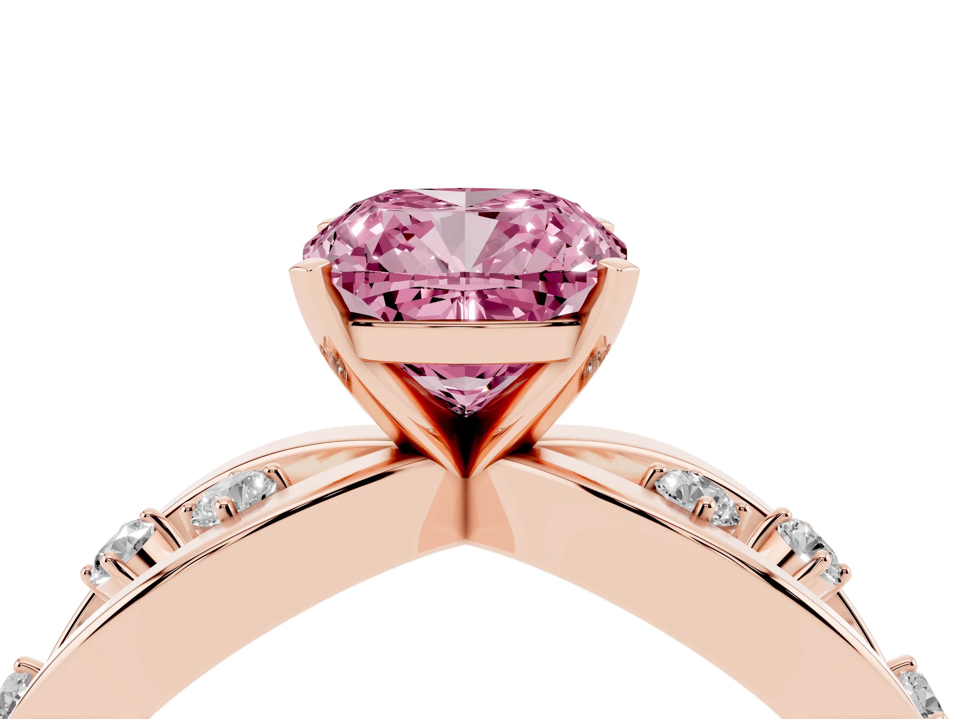 Fancy Pink Cushion Cut Diamond Solitaire Ring Set in Rose gold with Side Stones on Criss-Cross Band and Prong Setting