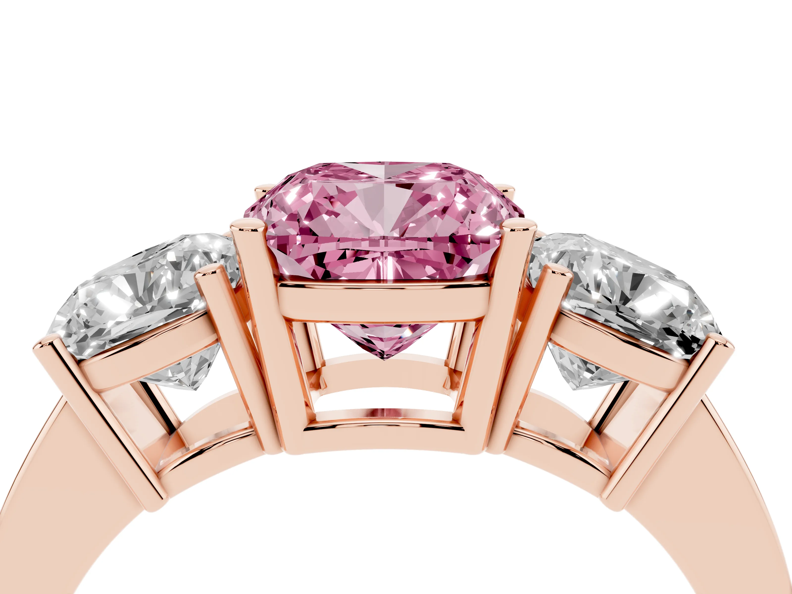 Fancy Pink Cushion Cut Diamond Three-Stone Engagement Ring Set in Rose gold with Flat Band