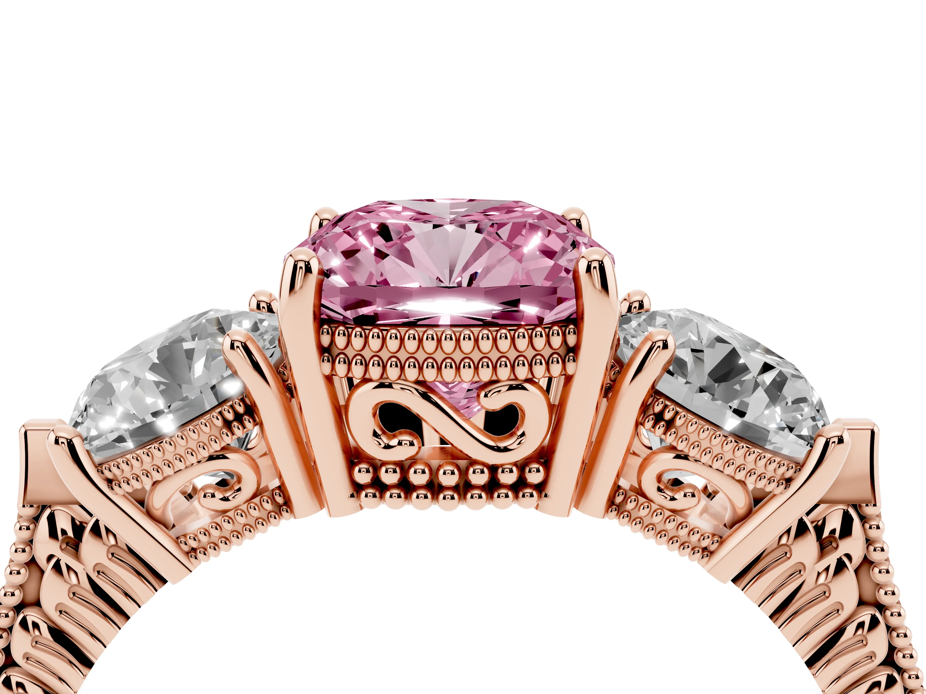 Fancy Pink Cushion Cut Diamond Three-Stone Ring Set in Rose gold with Milgrain Band