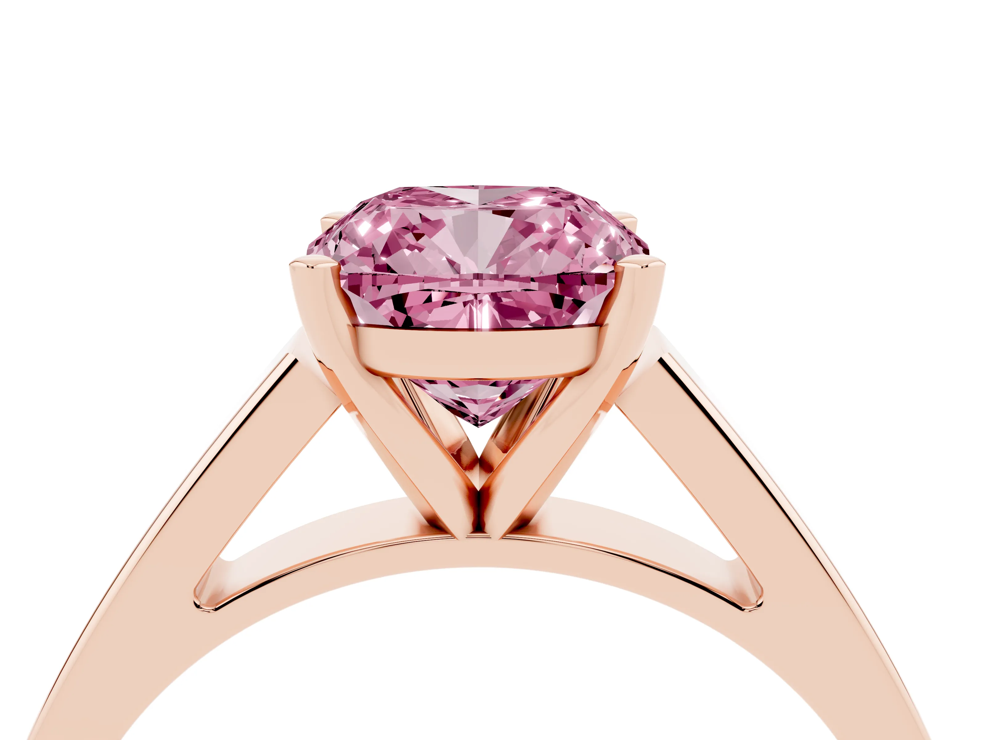 Fancy Pink Cushion Cut Diamond Solitaire Engagement Ring Set in Rose gold with Prong Setting and Tapered Band