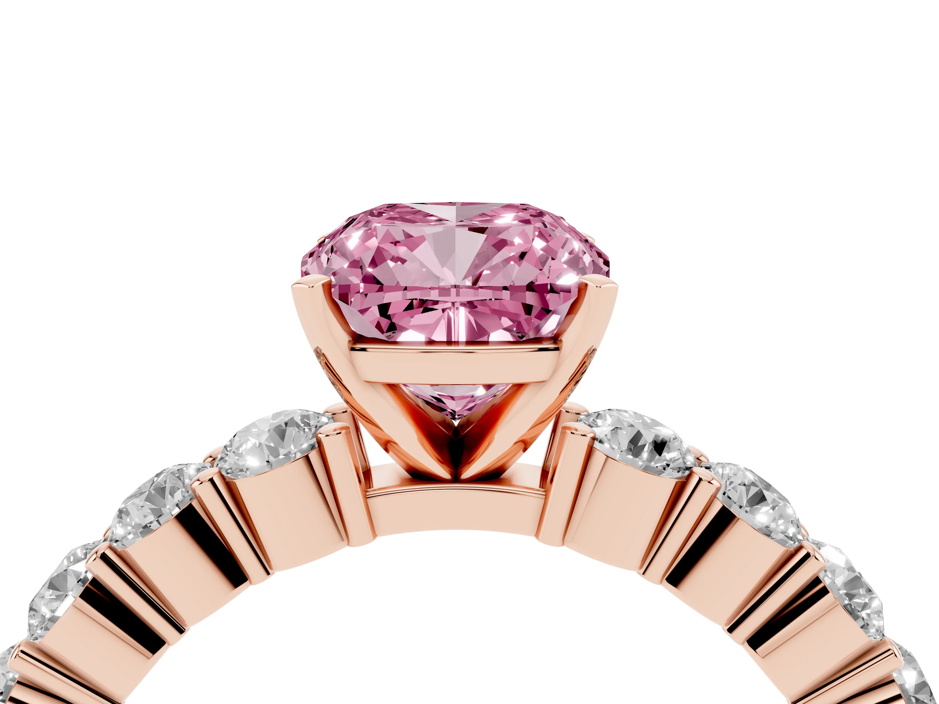 Fancy Pink Cushion Cut Diamond Solitaire Ring Set in Rose gold with Shared Prong Round Side Stones