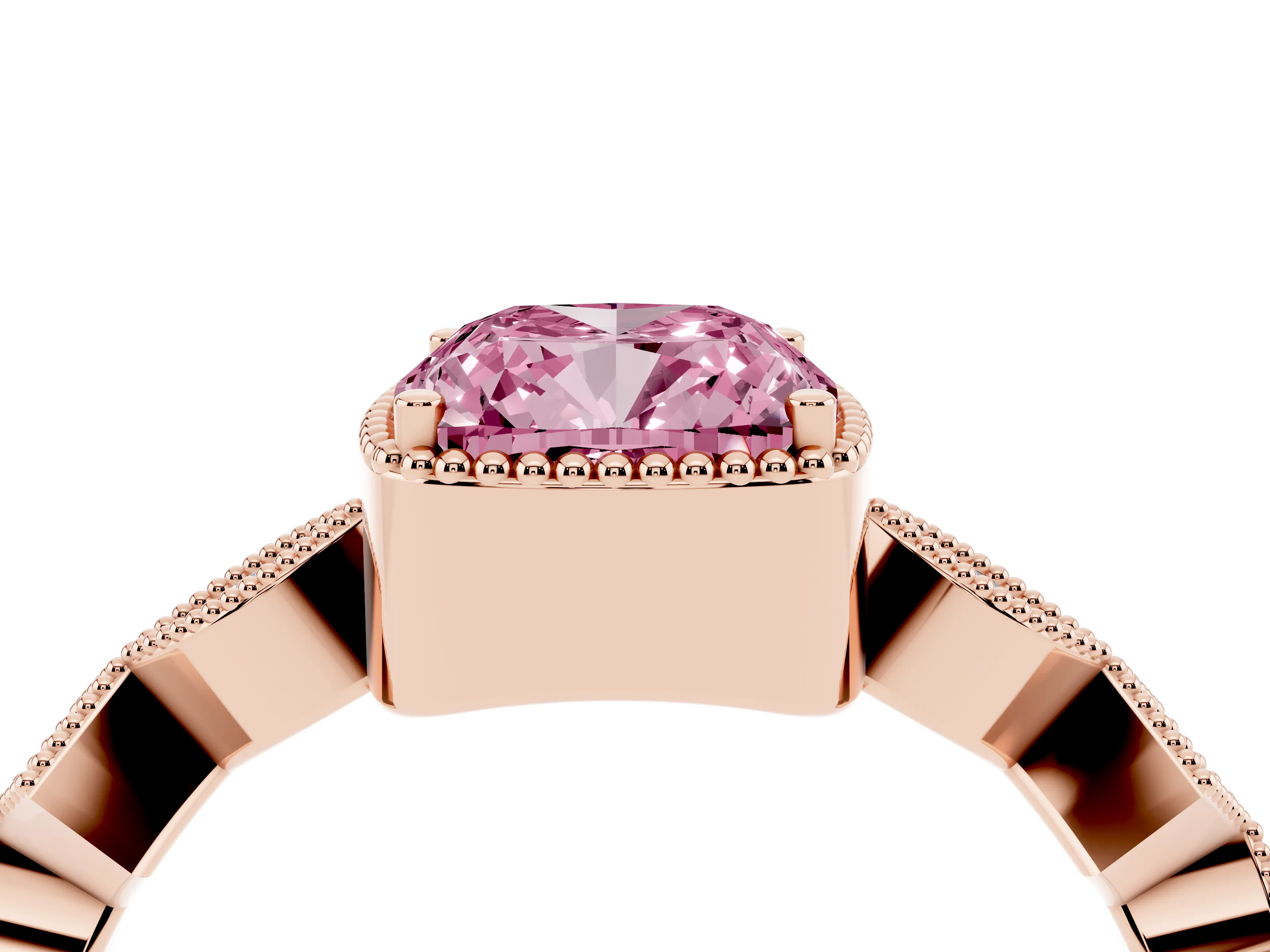 Fancy Pink Cushion Cut Diamond Milgrain Marquise Twist Band Ring Set in Rose gold with Prong Setting