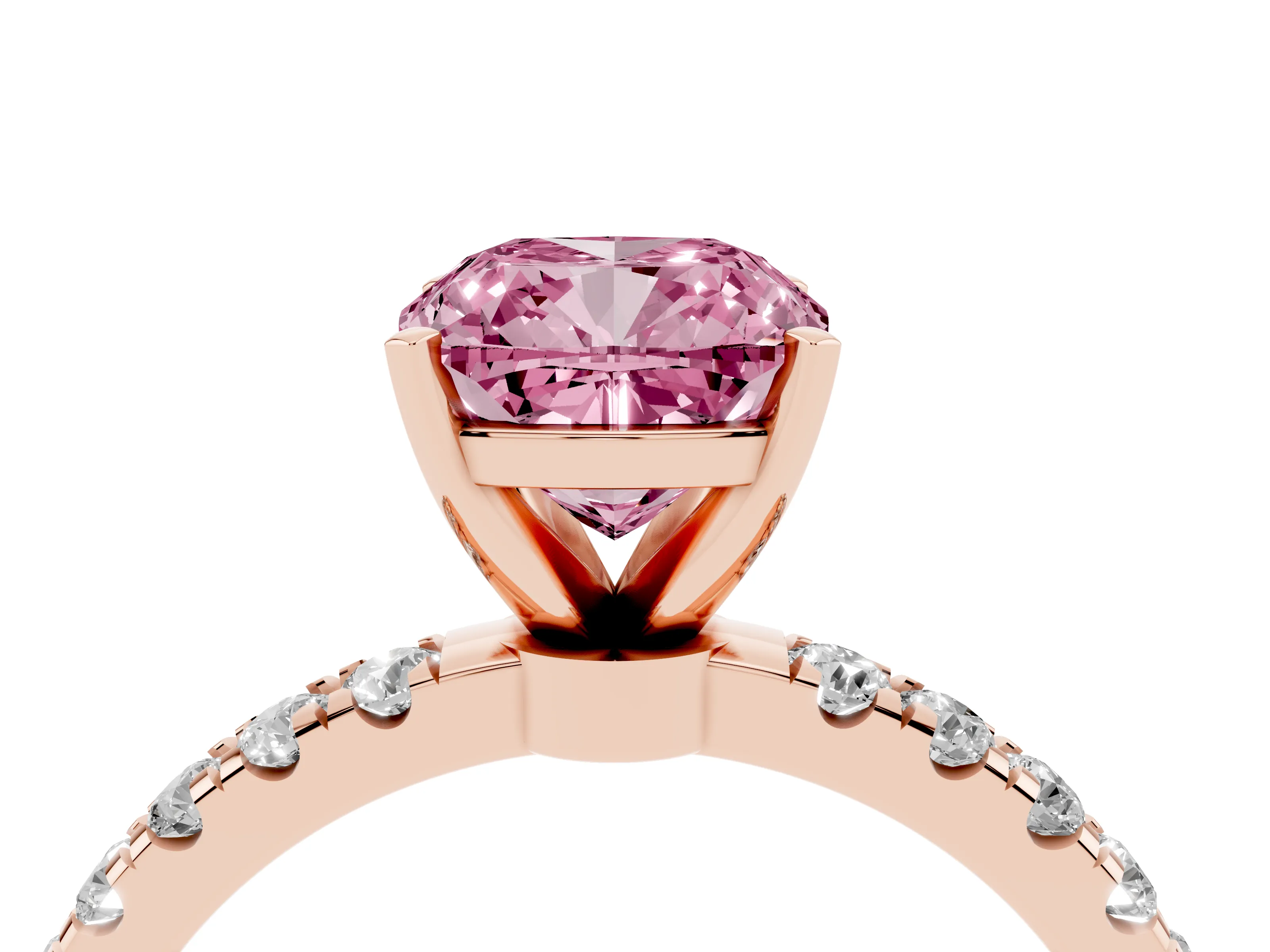 Fancy Pink Cushion Cut Diamond Solitaire Ring Set in Rose gold with Pavé Accents and Prong Setting