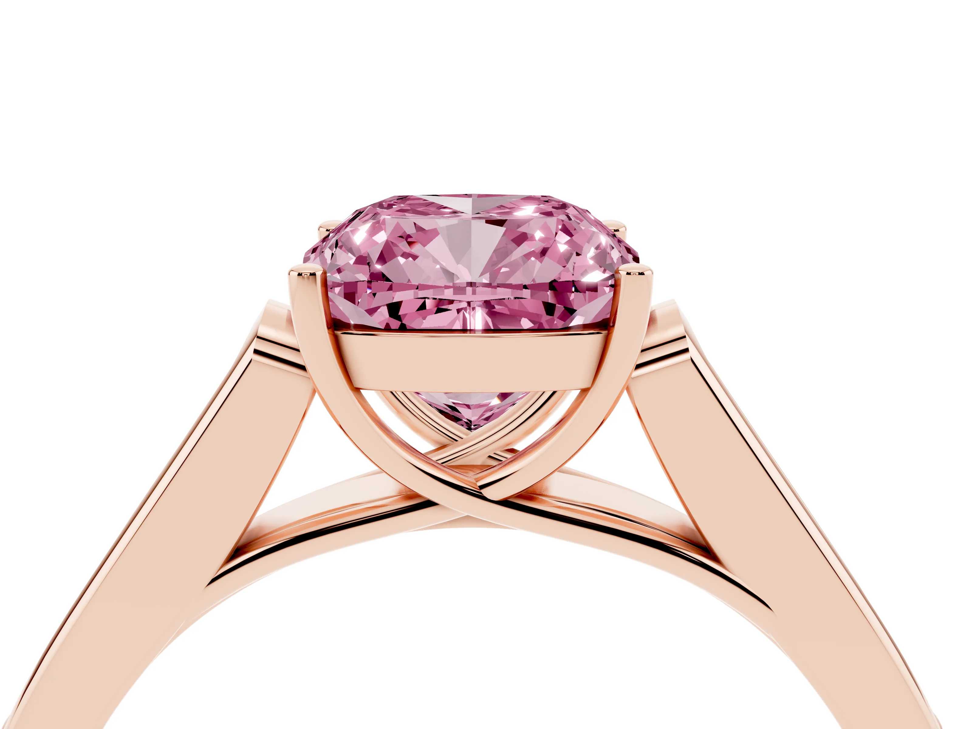 Fancy Pink Cushion Cut Diamond Solitaire Cathedral Engagement Ring Set in Rose gold with Channel-Set Band and Prong Setting