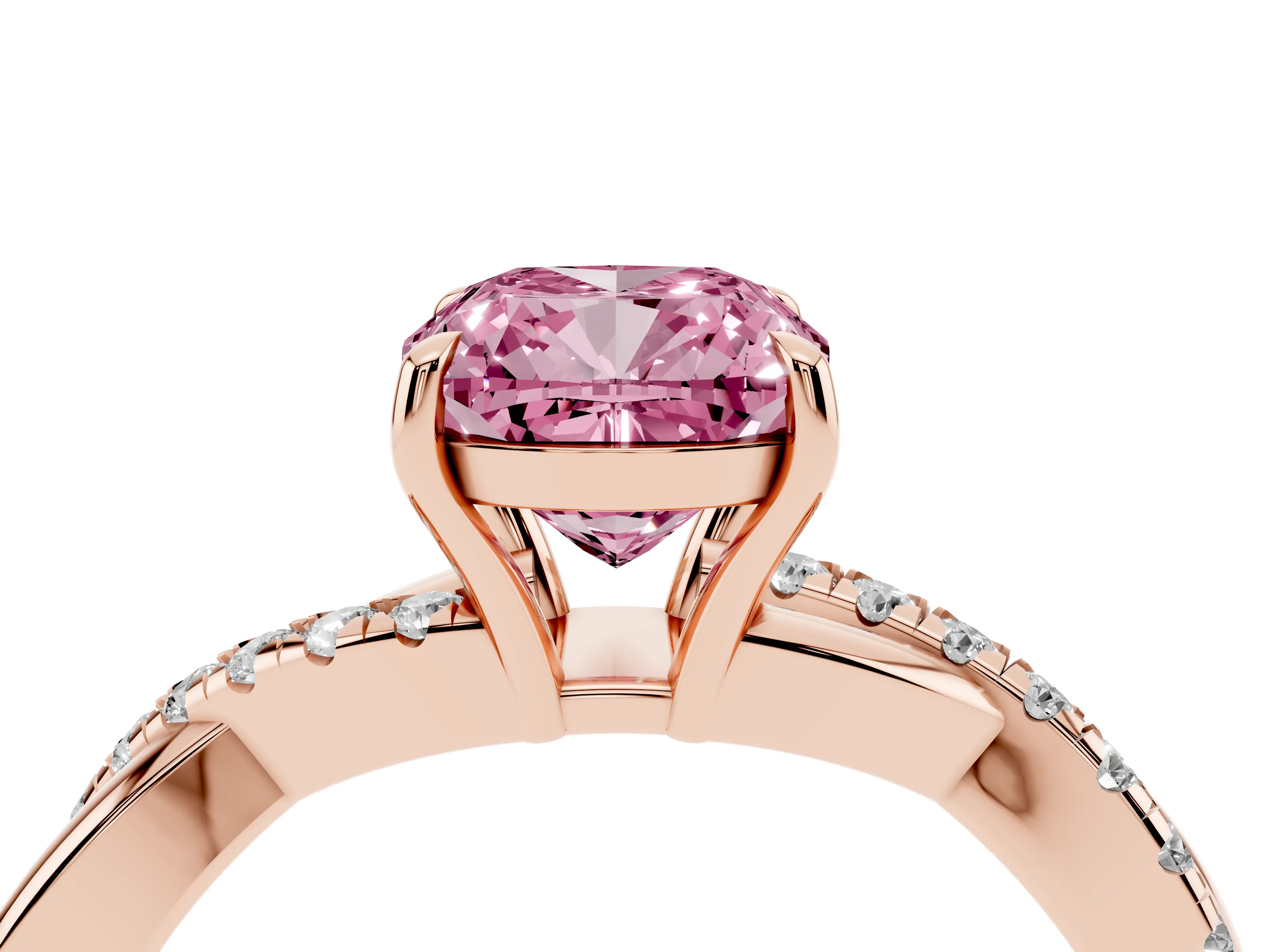 Fancy Pink Cushion Cut Diamond Twisted Pavé Band Ring Set in Rose gold with Prong Setting