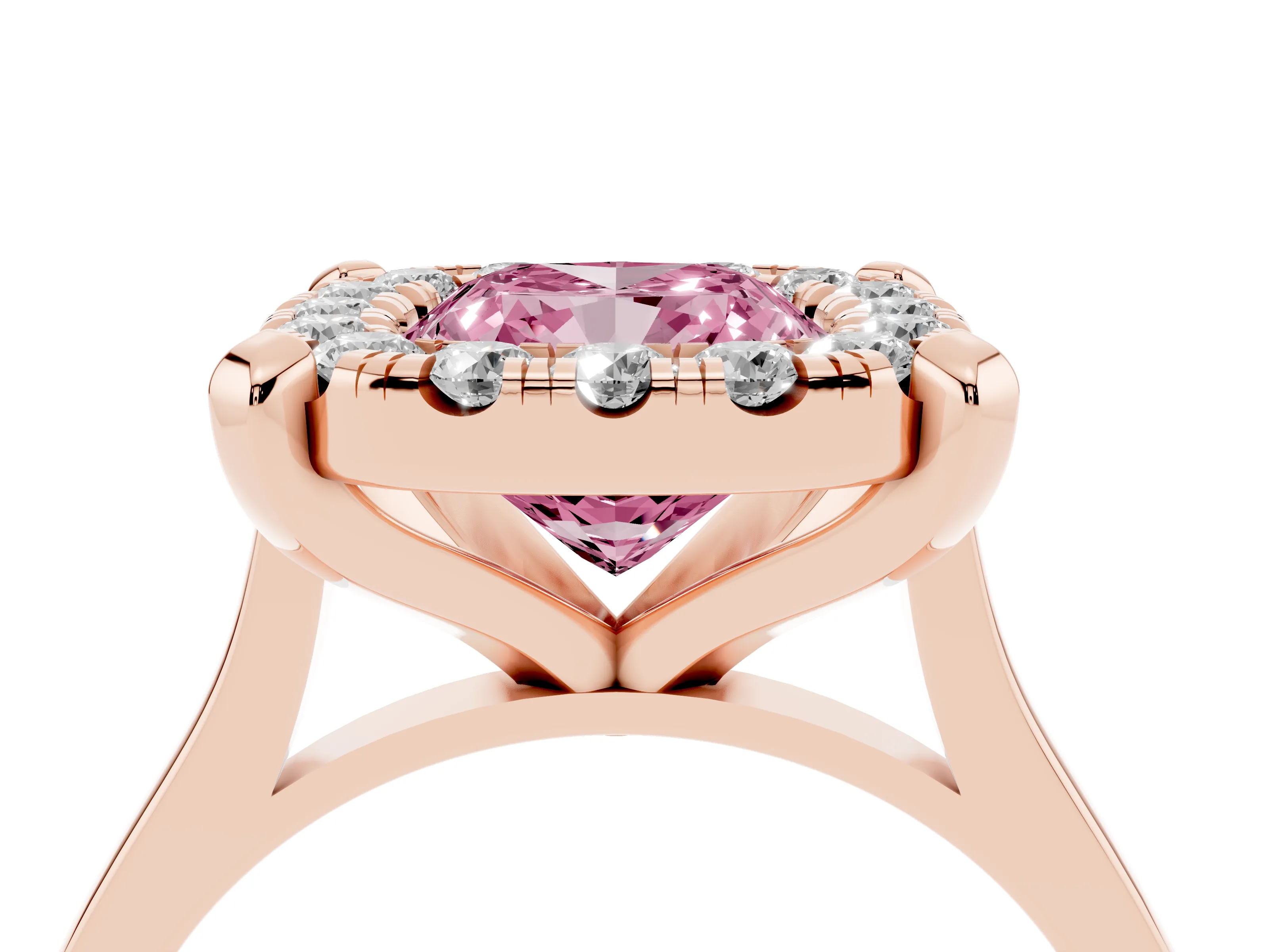 Fancy Pink Cushion Cut Diamond Cluster Halo Solitaire Ring Set in Rose gold with Prong Setting