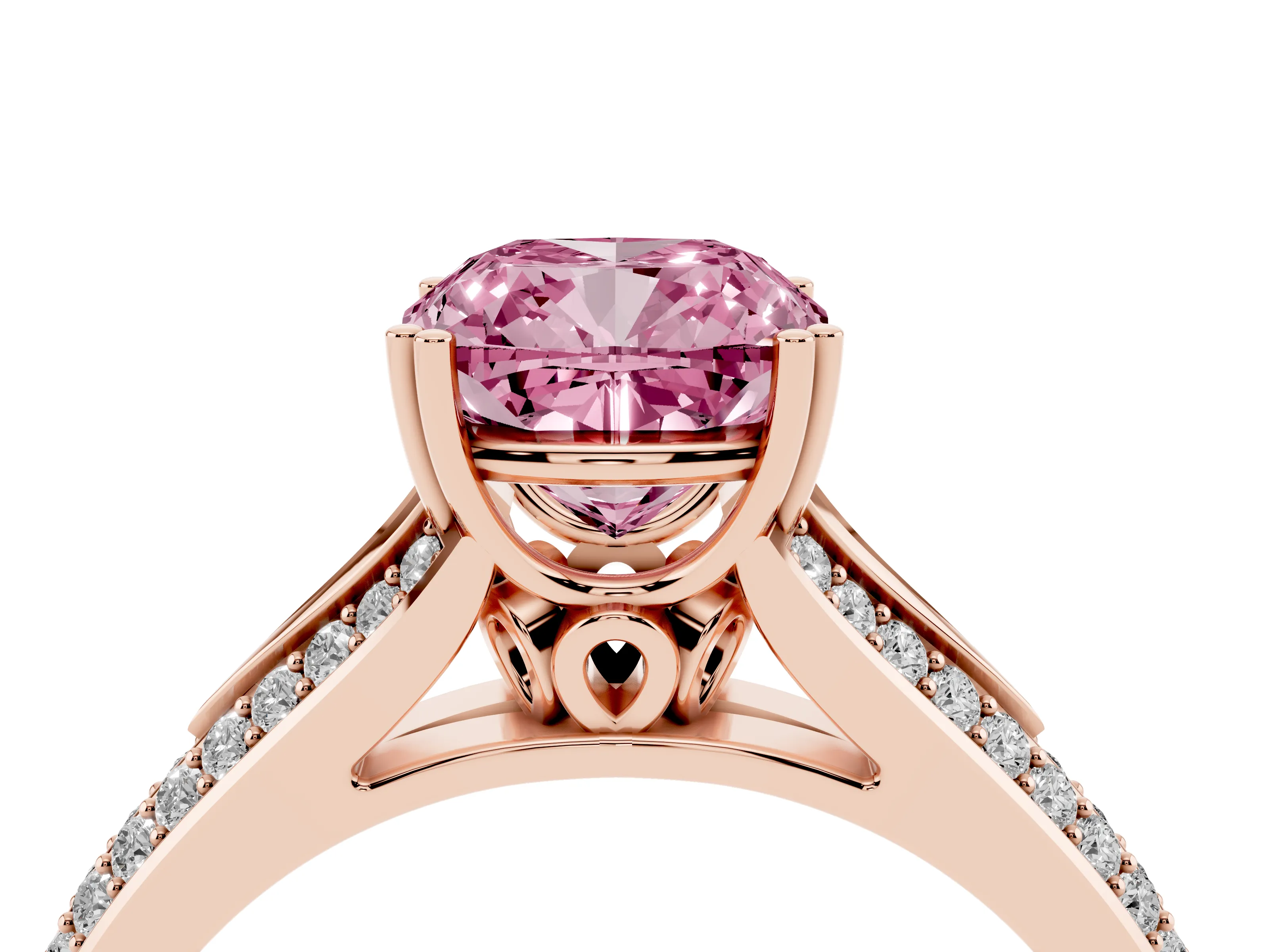 Fancy Pink Cushion Cut Diamond Split Shank Pavé Engagement Ring Set in Rose gold with Prong-Set Center Stone