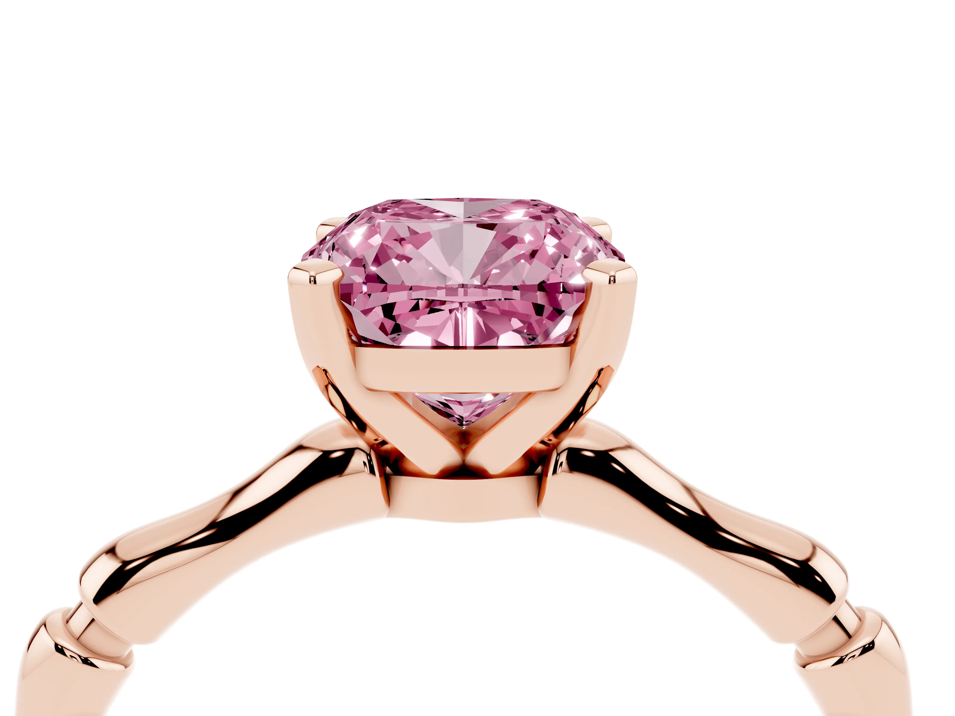 Fancy Pink Cushion Cut Diamond Solitaire Ring Set in Rose gold with Bamboo Band and Prong Setting