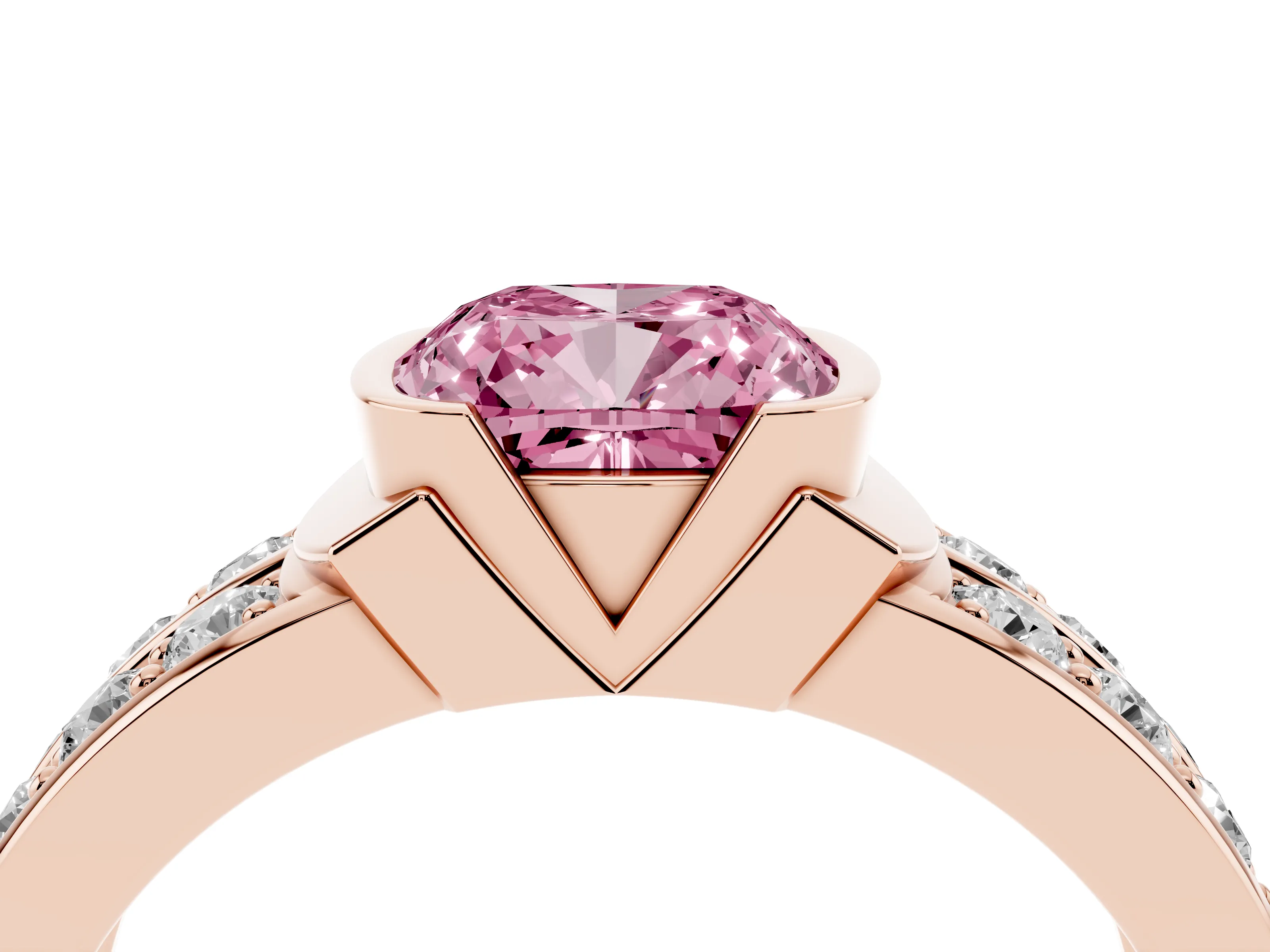 Fancy Pink Cushion Cut Diamond Wide Channel Set Band Ring Set in Rose gold with Bezel Setting